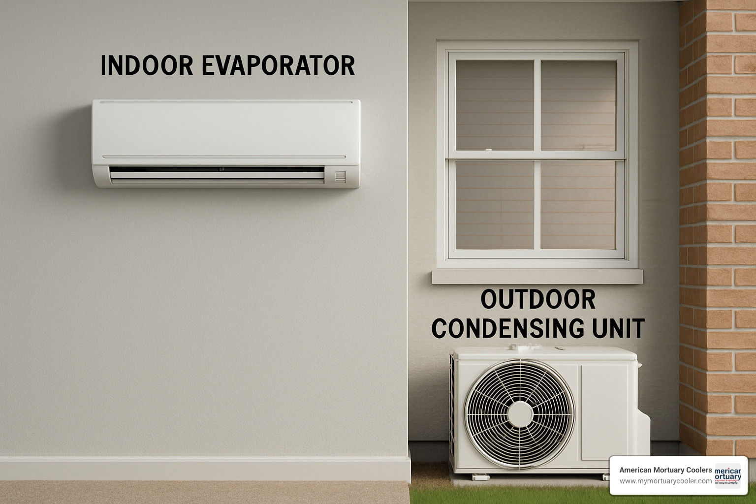 split refrigeration unit showing indoor evaporator and outdoor condensing unit - what is refrigeration unit