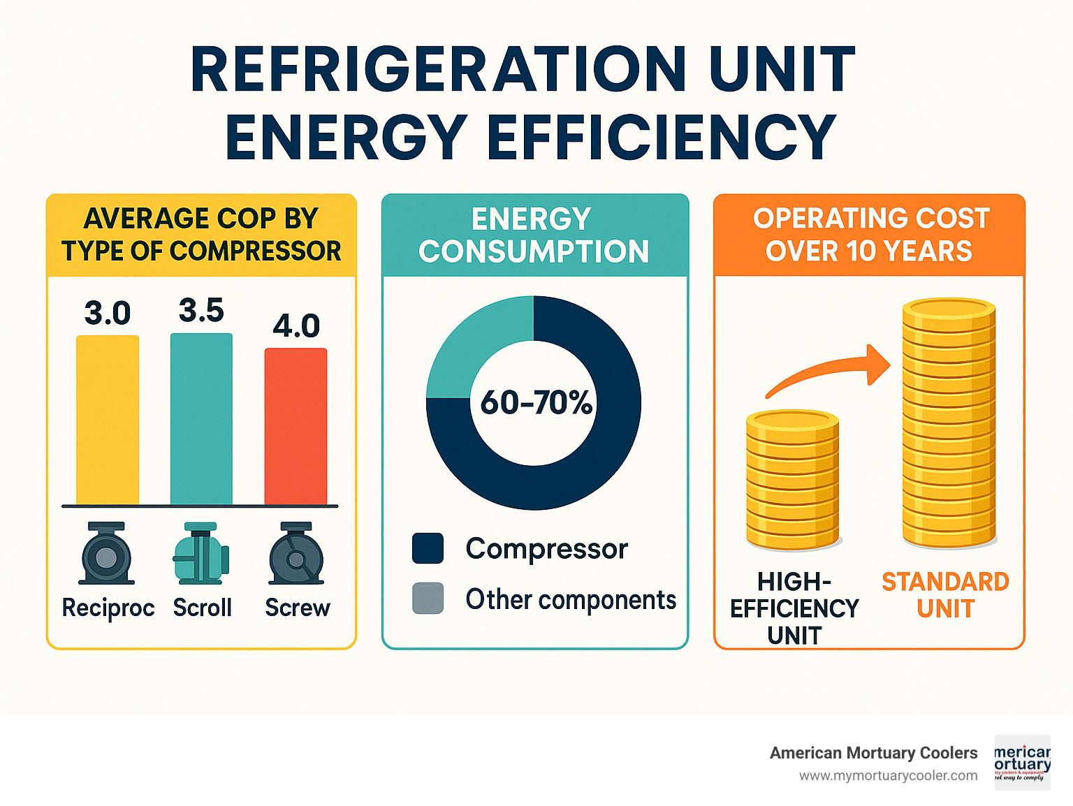 Comprehensive infographic displaying refrigeration unit energy efficiency statistics: average COP values for different compressor types, energy consumption breakdown showing compressor using 60-70% of total power, and comparison of operating costs between high-efficiency and standard units over 10-year lifecycle - what is refrigeration unit infographic 