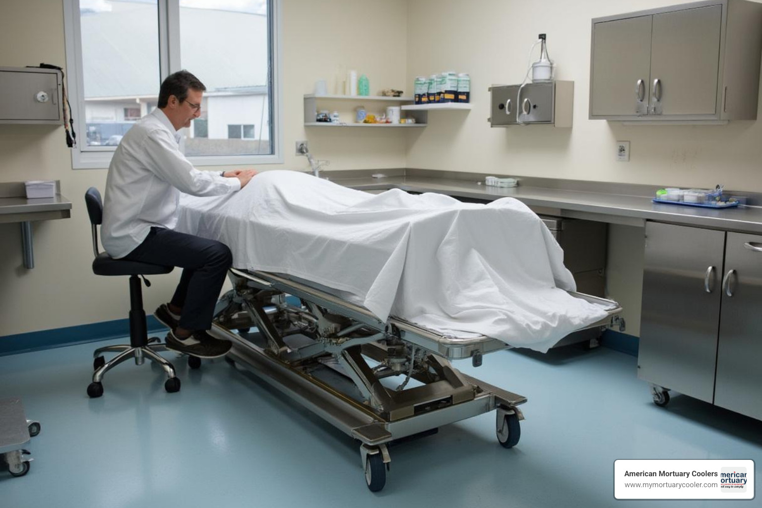 hydraulic table adjusted to seated working height - hydraulicembalmingtables.com morgue supply