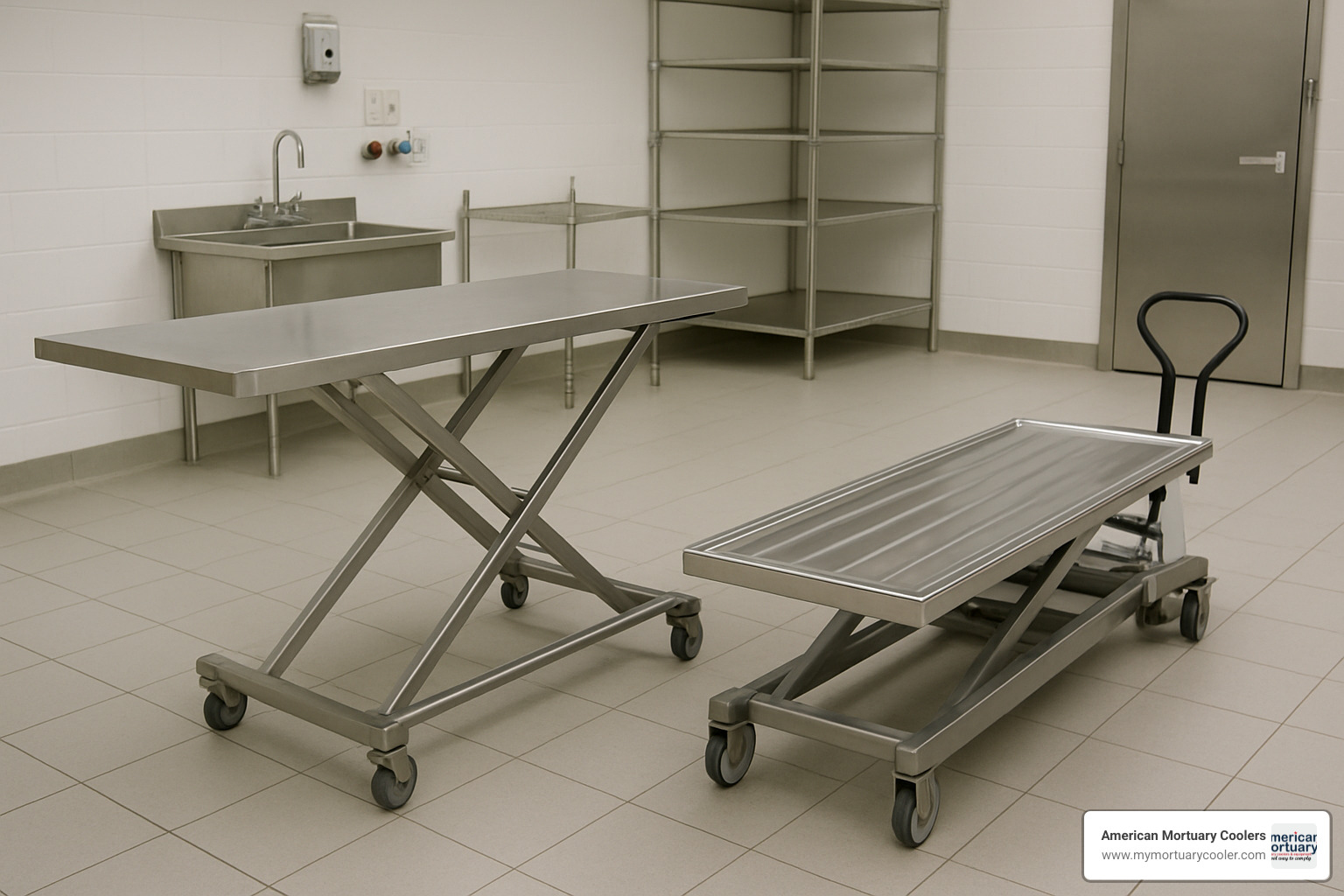 folding mortuary table positioned next to low-profile mortuary lift showing height alignment - dressing table folding mortuary table www.lowprofilemortuarylift.com