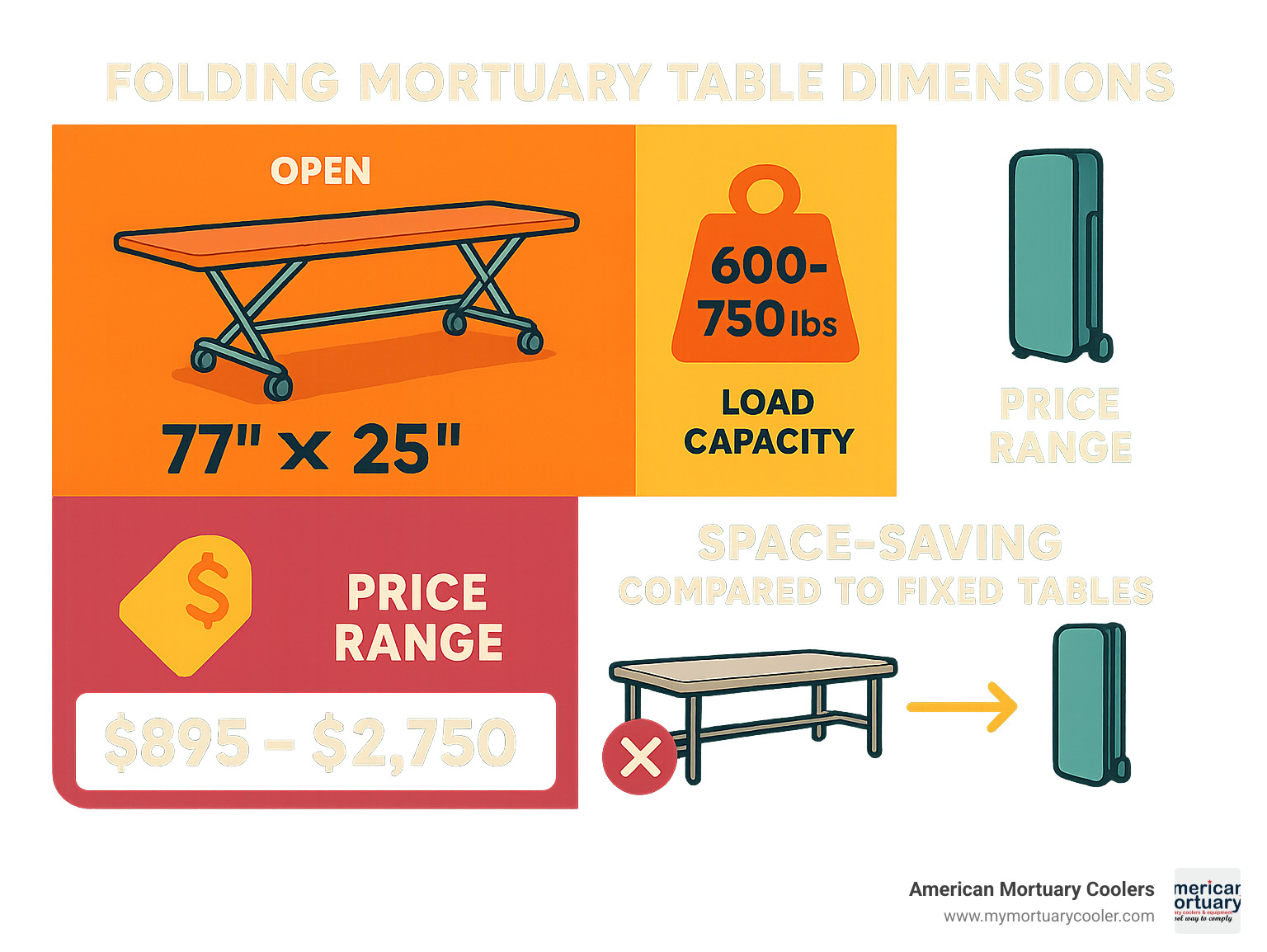 Detailed comparison infographic showing folding mortuary table dimensions when open versus folded, load capacities, price points, and space-saving benefits compared to fixed tables - dressing table folding mortuary table www.lowprofilemortuarylift.com infographic 
