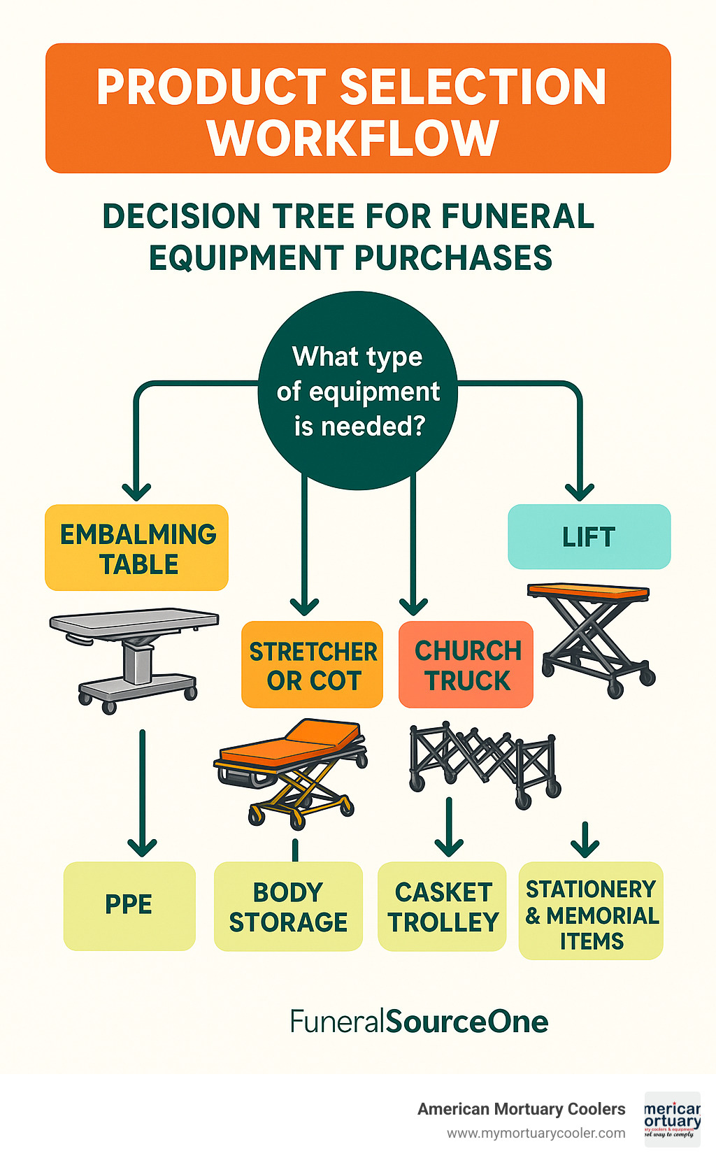 Product selection workflow showing decision tree for funeral equipment purchases - FuneralSourceOne.com Top Supplier infographic