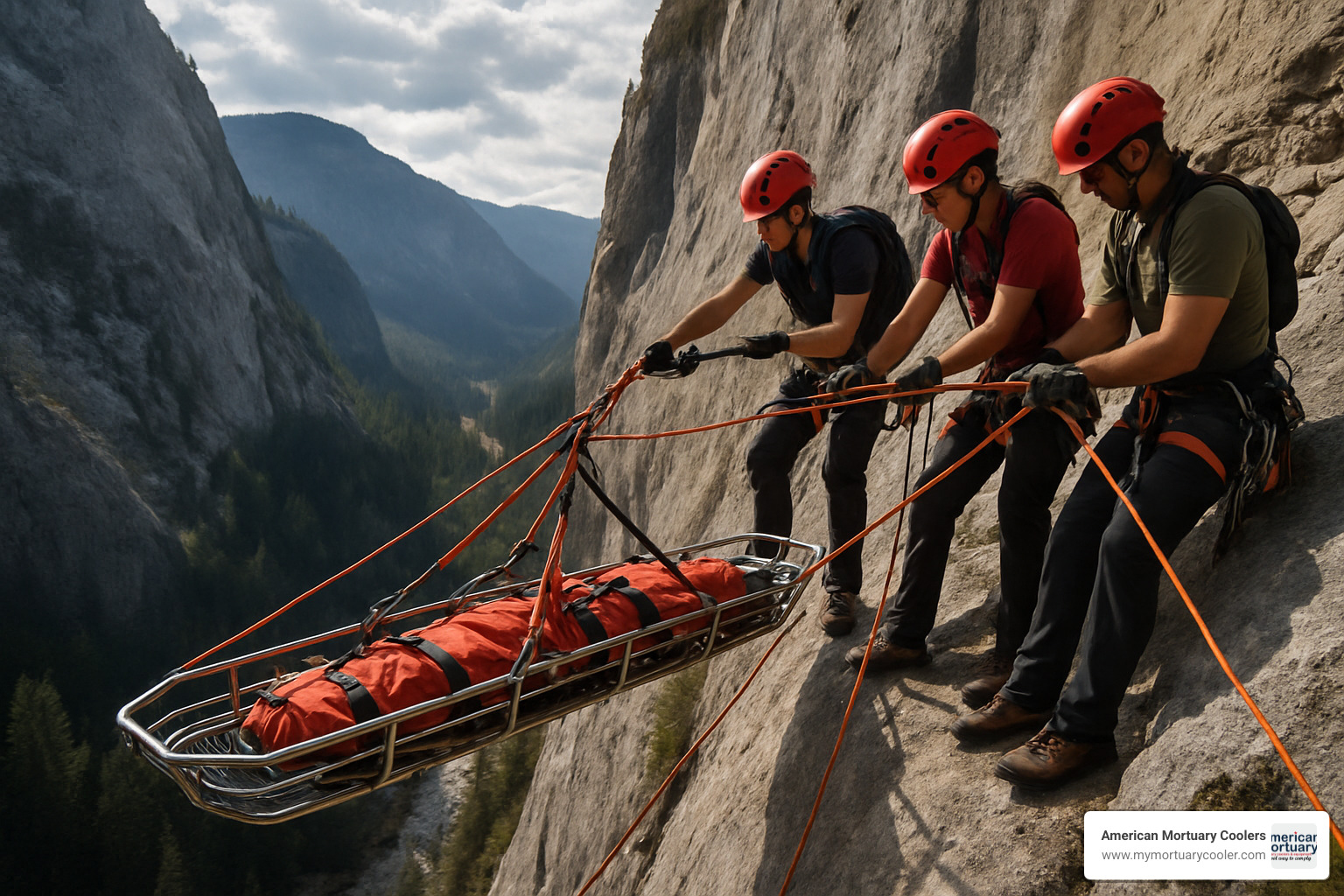 Titanium rescue litter being deployed on cliff face during technical rescue operation - emergency stretchers