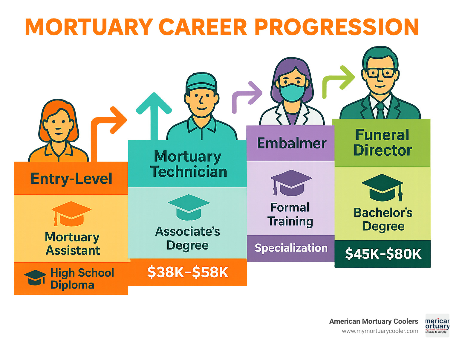 Infographic showing mortuary career progression from entry-level positions through specialized roles, including education requirements, salary ranges, and advancement opportunities for funeral directors, embalmers, and mortuary technicians - jobs mortuary infographic 