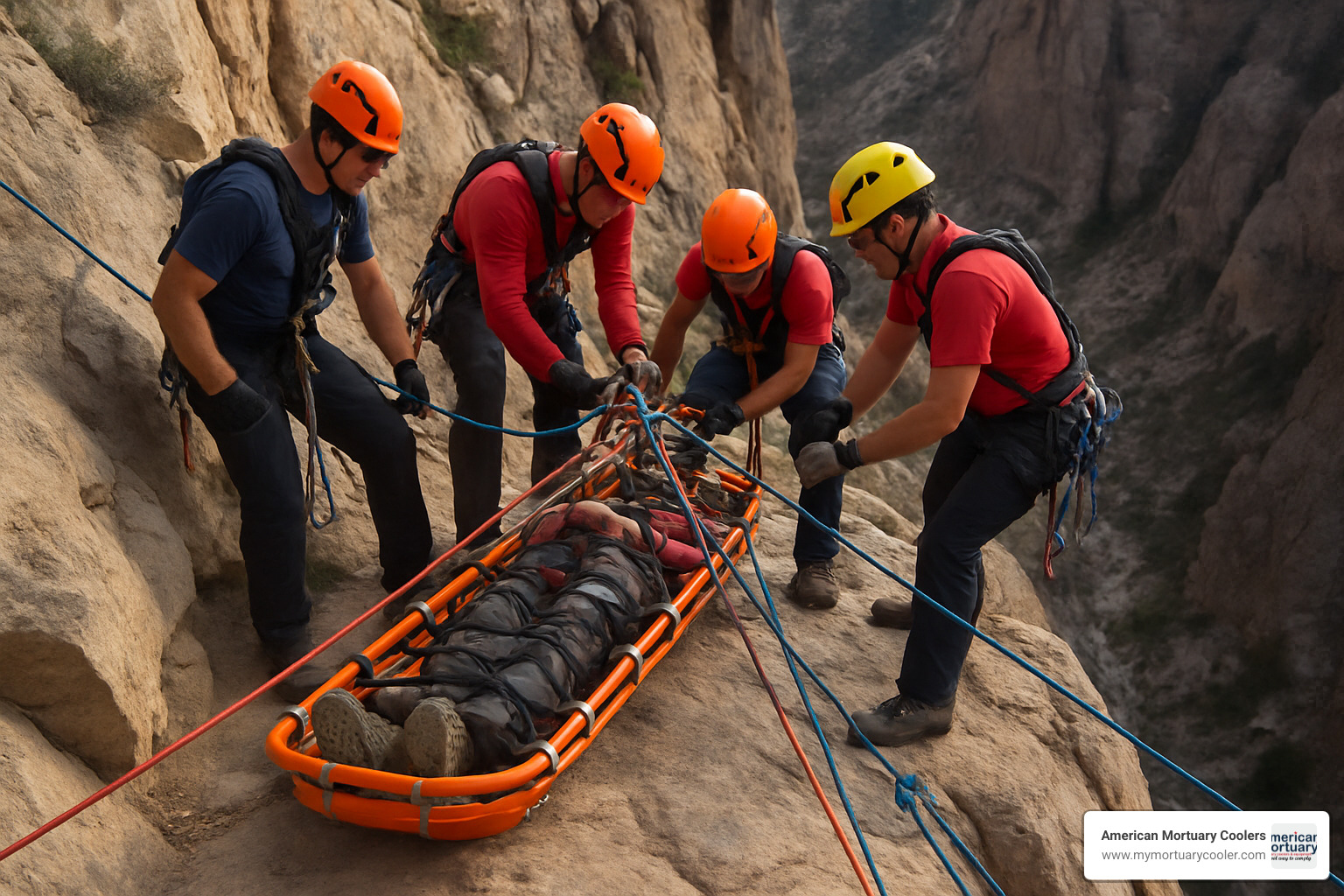 High-angle basket rescue with technical rescue team lowering patient on cliff face - emergency stretchers