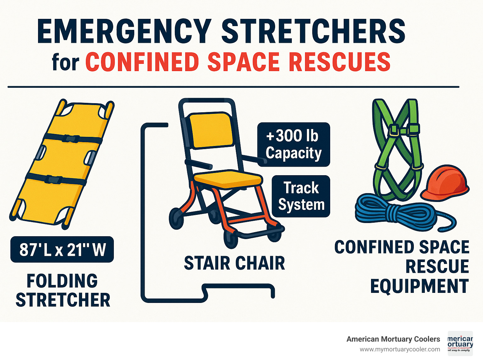 Infographic showing compact rescue gear checklist including folding stretcher dimensions, stair chair specifications, and confined space rescue equipment requirements - emergency stretchers infographic 