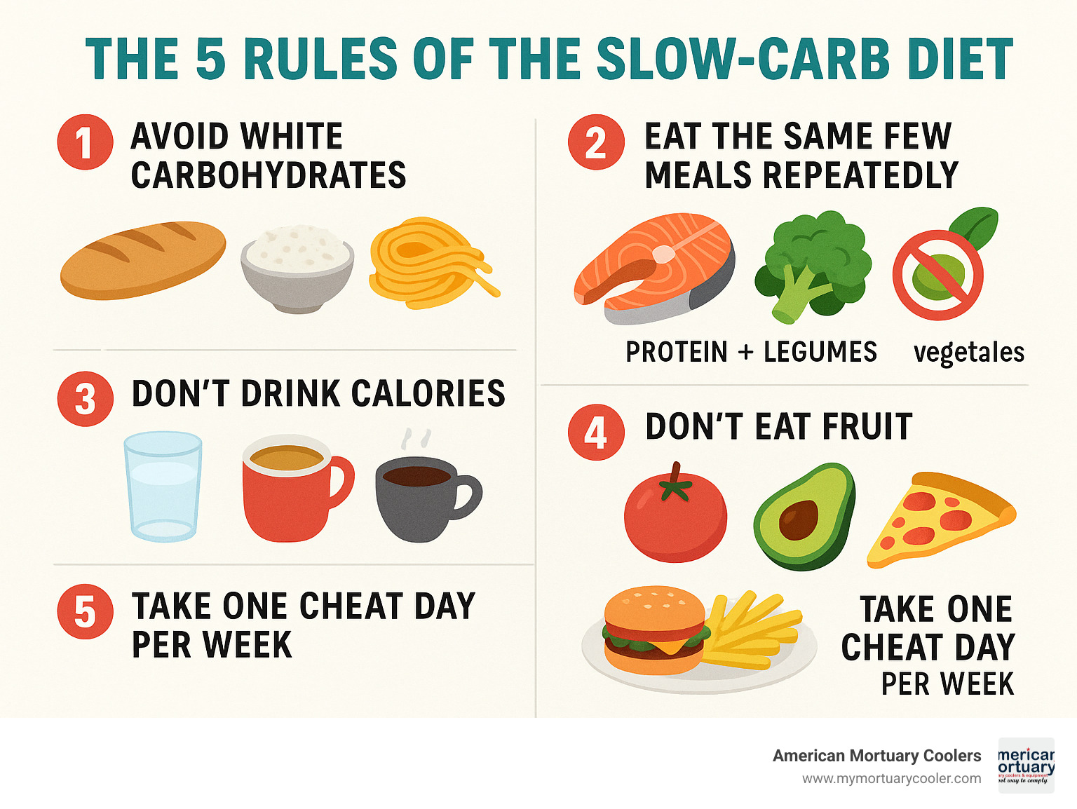 Comprehensive infographic showing the 5 core rules of the Slow-Carb Diet: Rule 1 - Avoid white carbohydrates (bread, rice, pasta, potatoes), Rule 2 - Eat the same few meals repeatedly (protein + legumes + vegetables), Rule 3 - Don't drink calories (water, tea, coffee only), Rule 4 - Don't eat fruit (except tomatoes and avocados), Rule 5 - Take one cheat day per week (eat anything you want), with visual examples of allowed vs forbidden foods - 4-hour body infographic 