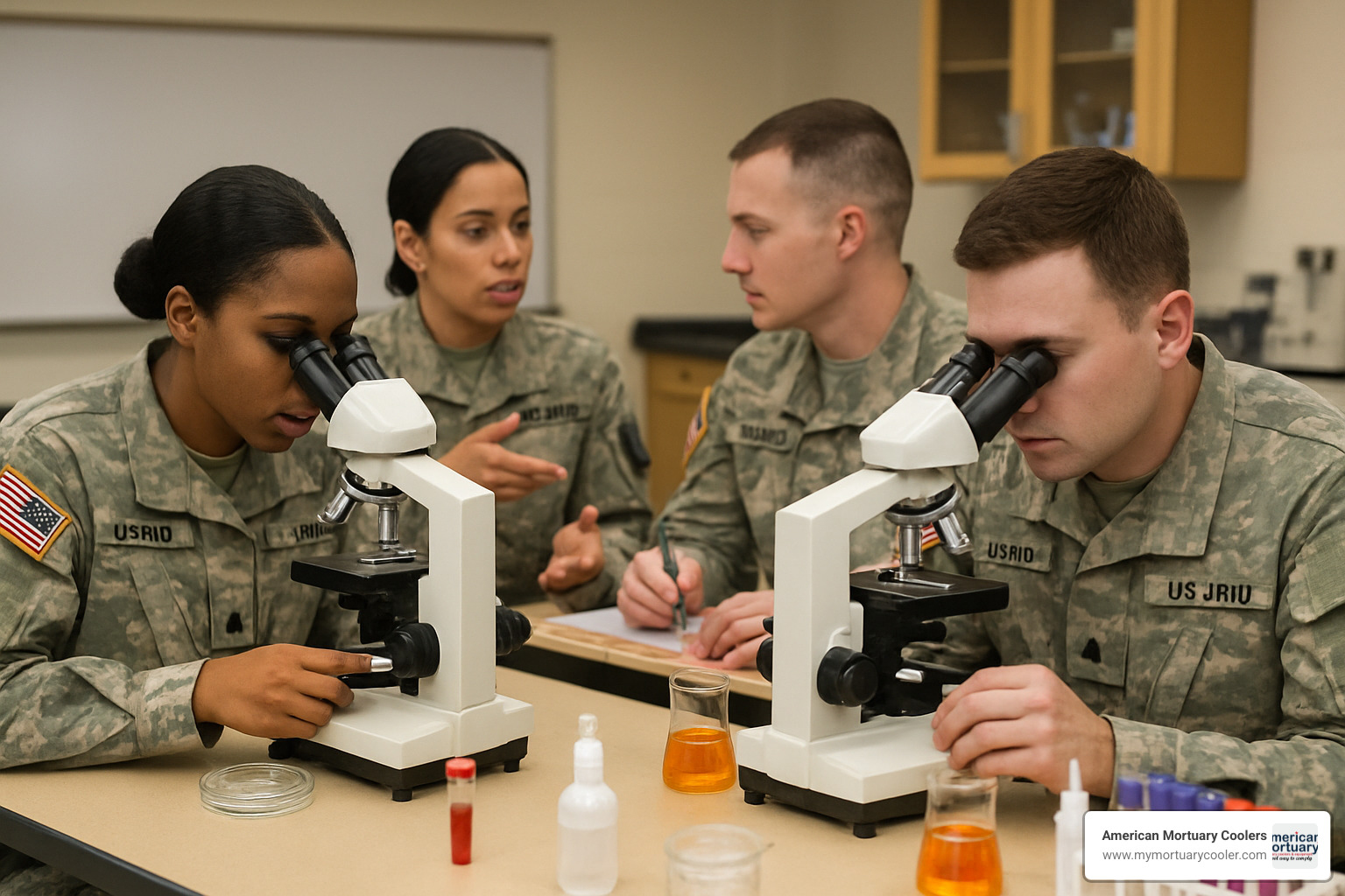 Soldiers in medical laboratory training classroom learning microscopy techniques - 92 bravo mos