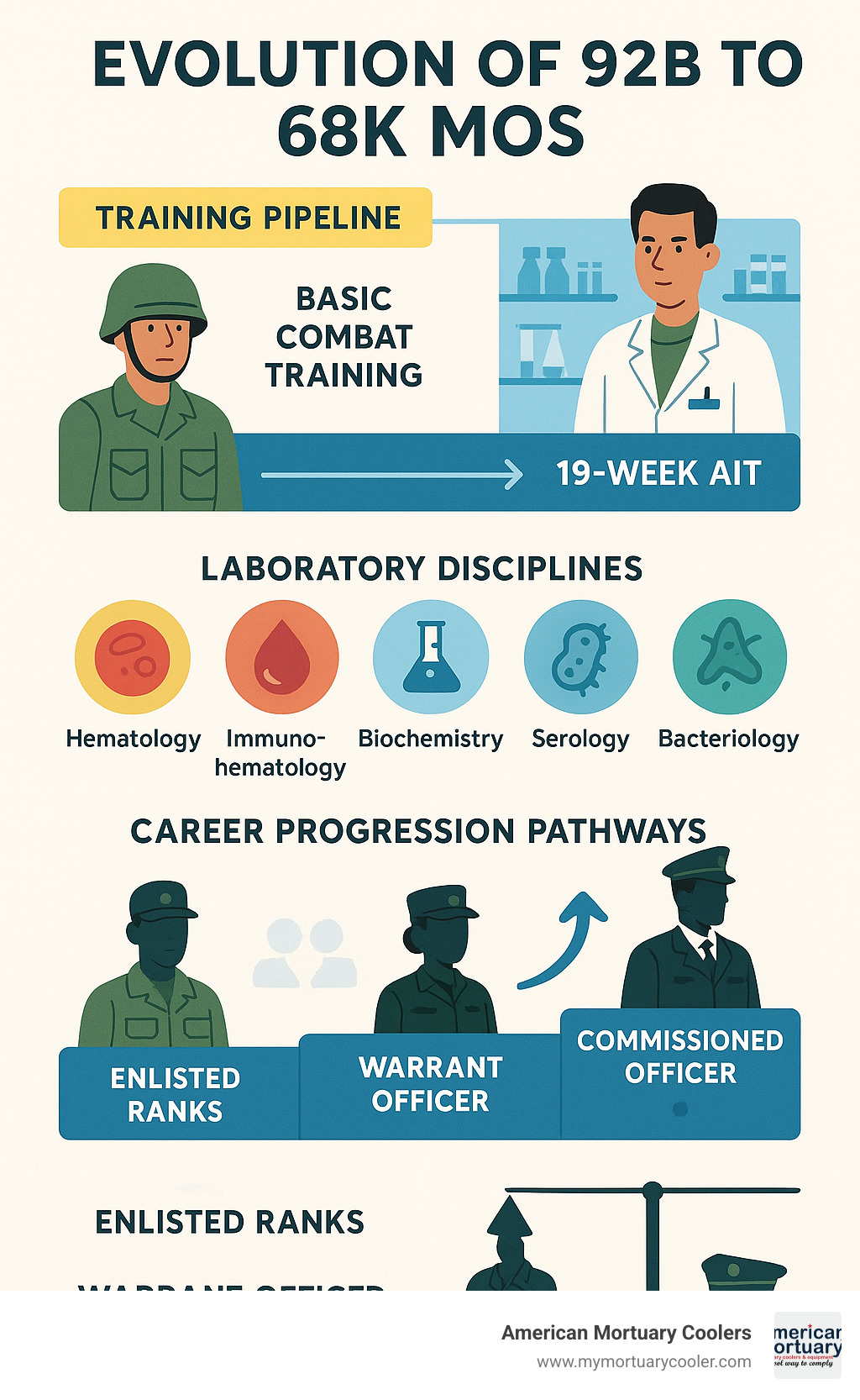 Detailed infographic showing the evolution from 92B to 68K MOS, including training pipeline from Basic Combat Training through 19-week AIT, key laboratory disciplines covered, and career progression pathways from enlisted ranks through warrant officer and commissioned officer positions - 92 bravo mos infographic 