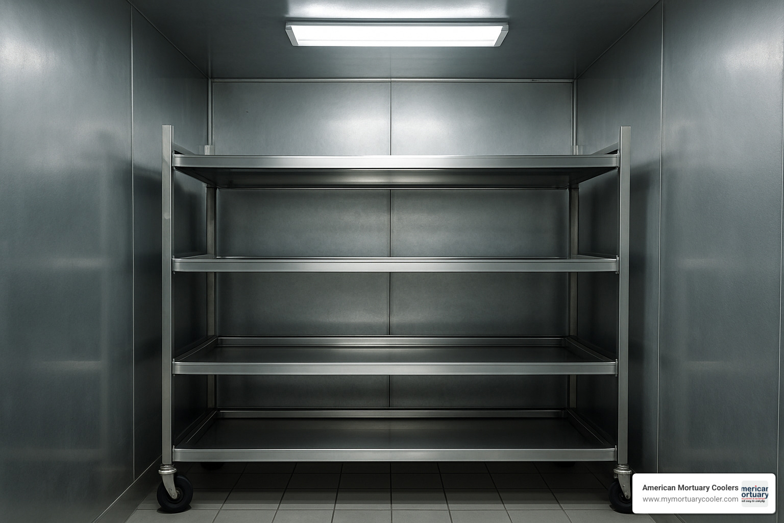 Interior rolling rack system of American Mortuary Coolers 3B showing three-tier configuration - American Mortuary Coolers 3B 