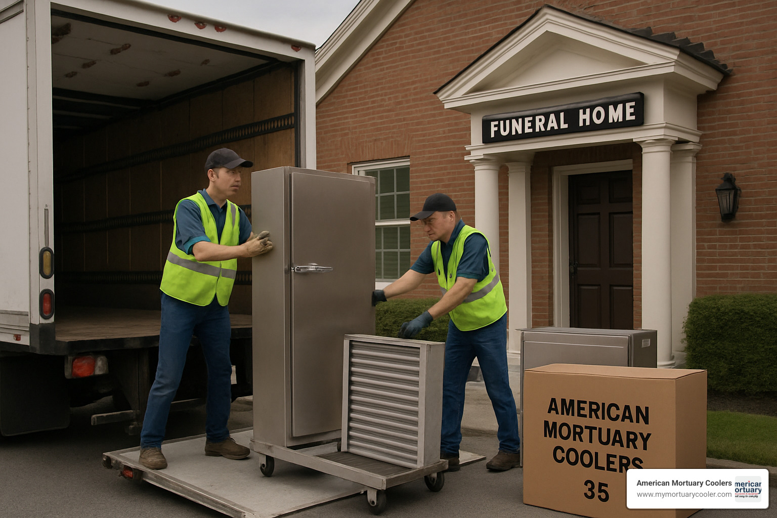 Freight truck arriving with American Mortuary Coolers 3B delivery, showing proper unloading procedures - American Mortuary Coolers 3B 