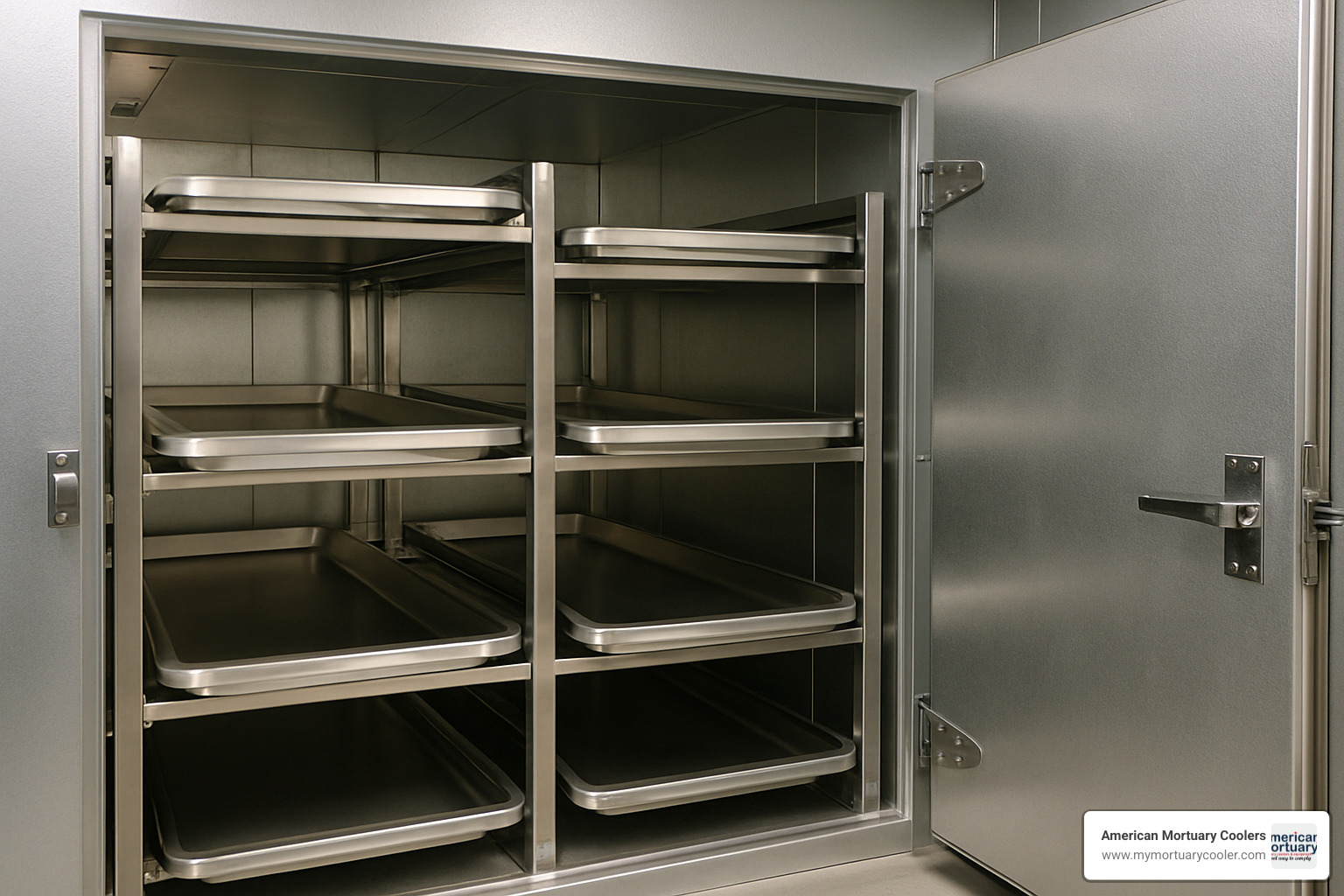 Mortuary cooler racking system showing end-loading configuration with body trays - 10x20mortuarycooler.com durable top rated mortuary cooler