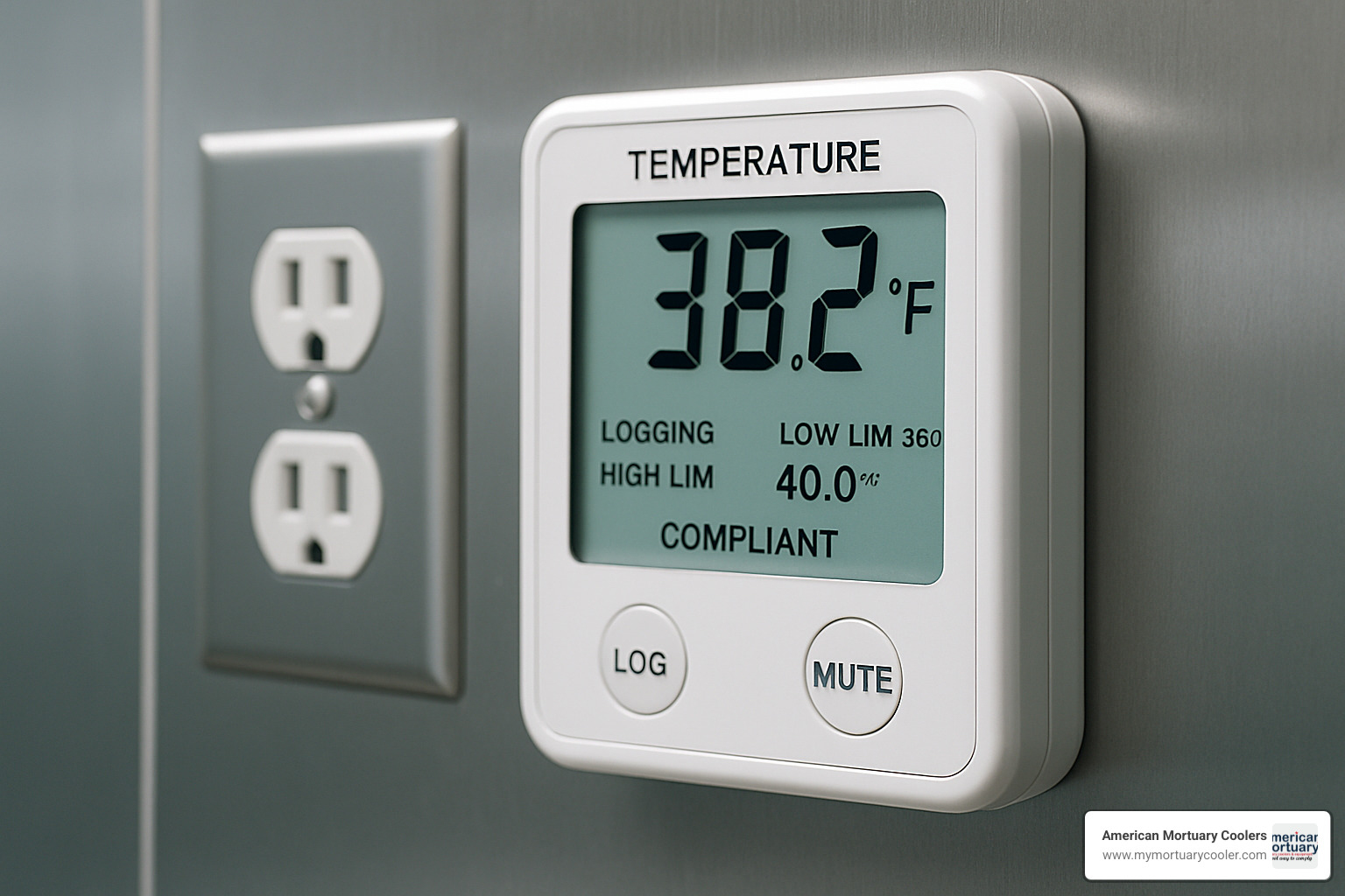 Digital temperature data logger display showing compliance monitoring features - 10x20mortuarycooler.com durable top rated mortuary cooler