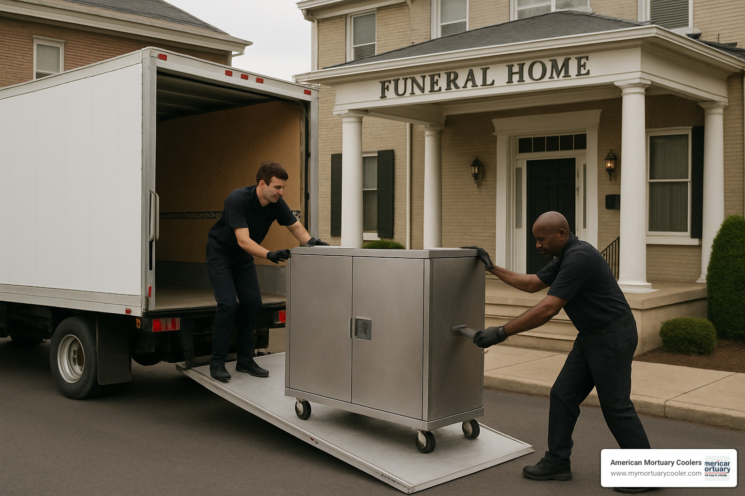 Delivery truck with mortuary cooler being unloaded at funeral home - 10x20mortuarycooler.com durable top rated mortuary cooler