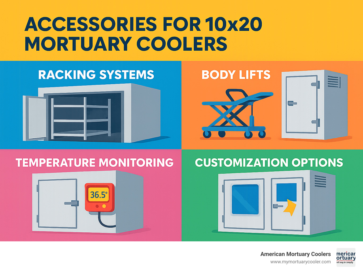 Infographic showing available accessories including racking systems, body lifts, temperature monitoring, and customization options for 10x20 mortuary coolers - 10x20mortuarycooler.com durable top rated mortuary cooler infographic 