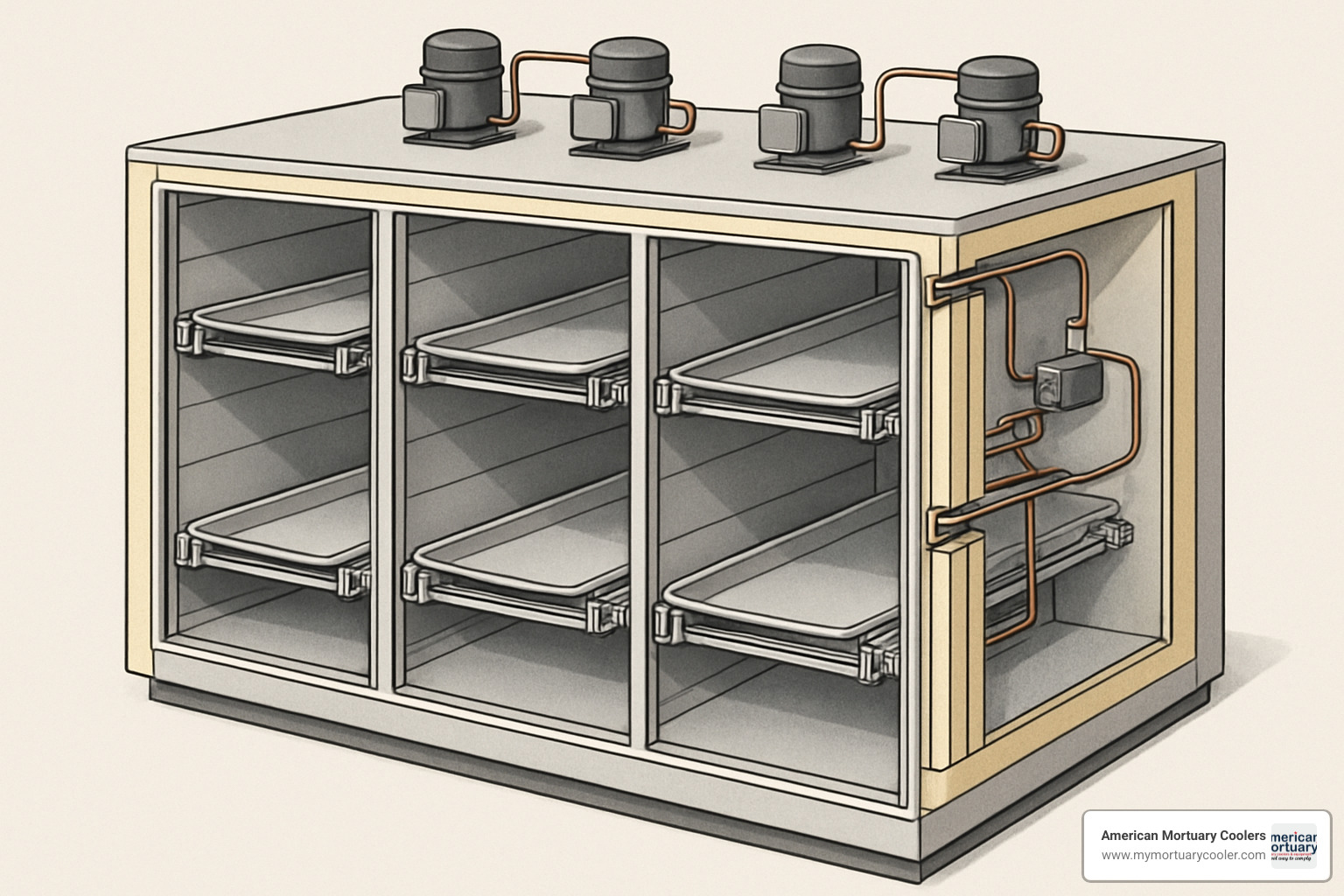 Cut-away view of four-body morgue refrigerator showing insulation layers, stainless steel interior construction, independent compressor systems, and telescoping rack mechanisms - Four Body Morgue 