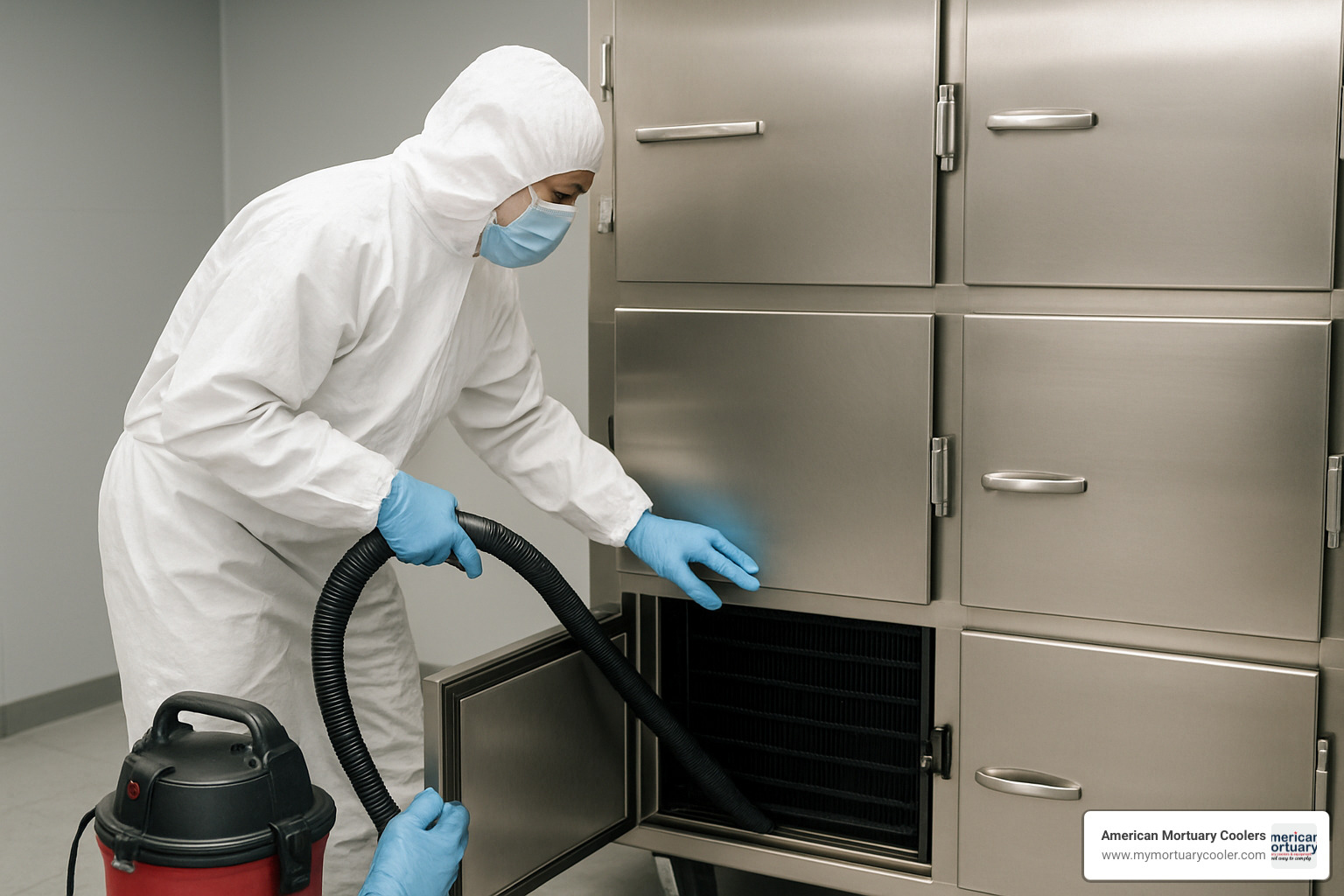 Technician performing routine maintenance on four-body morgue refrigerator, cleaning condenser coils and checking door seals - Four Body Morgue 