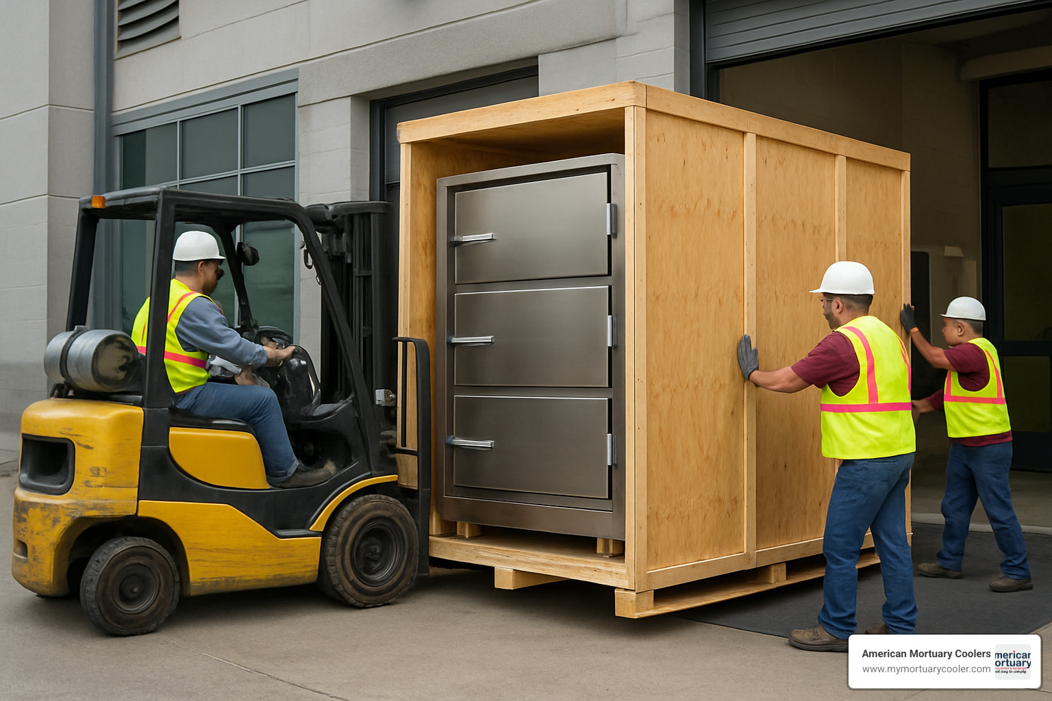 Shipping crate containing four-body morgue refrigerator arriving at loading dock with forklift and delivery crew - Four Body Morgue 