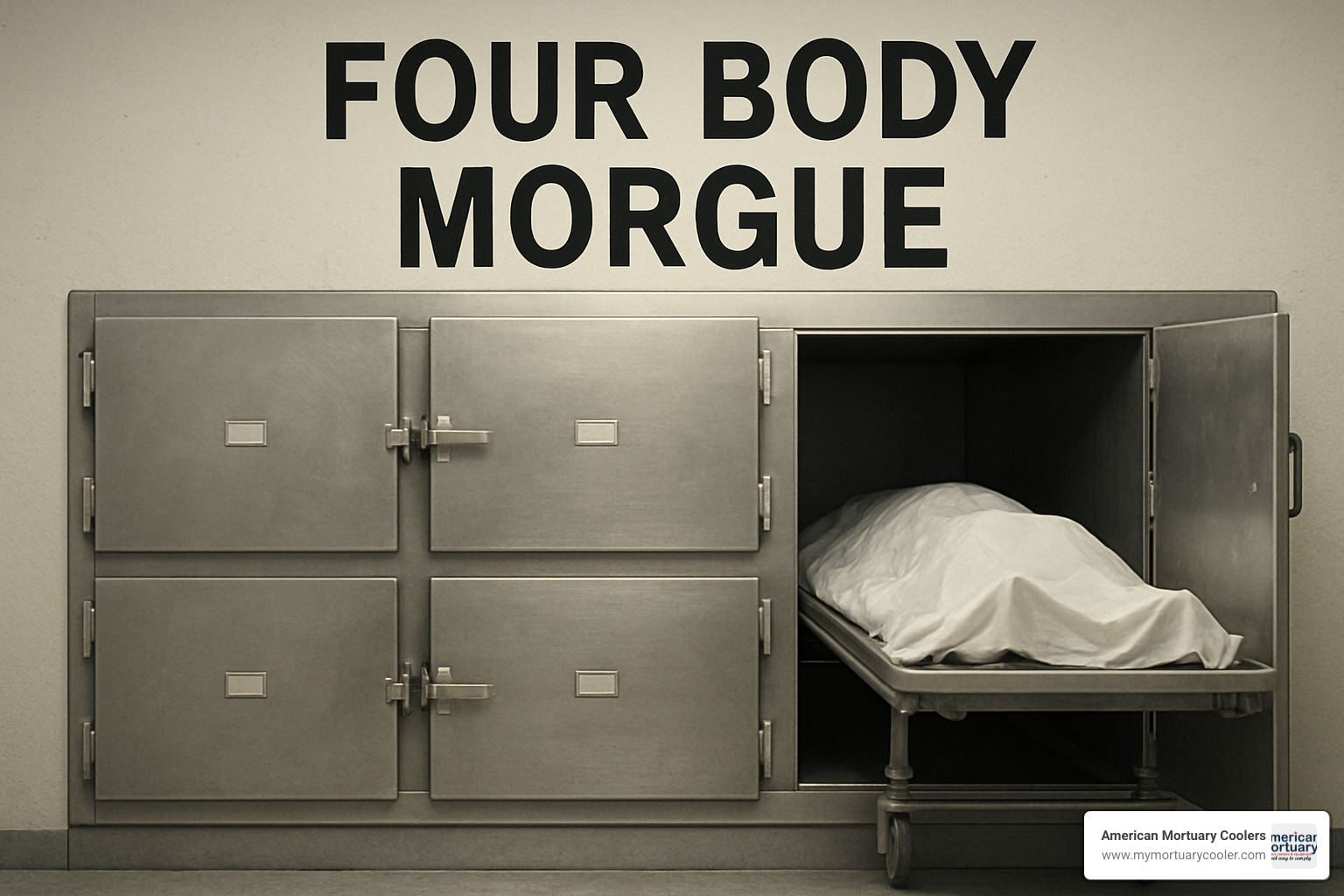 Step-by-step assembly sequence showing cam-lock panel installation, door mounting, refrigeration connection, and final testing procedures for four-body morgue refrigerator - Four Body Morgue 