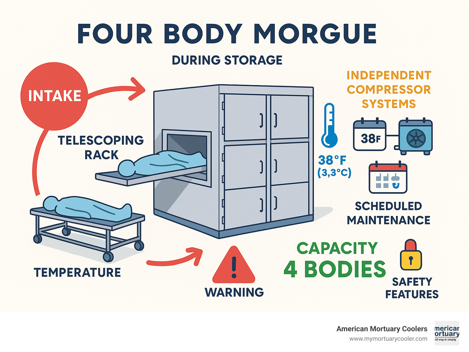 Detailed workflow diagram showing four-body morgue refrigerator operation from intake to storage, including temperature zones, independent compressor systems, telescoping rack mechanisms, and safety features with capacity specifications and maintenance schedules - Four Body Morgue  infographic 