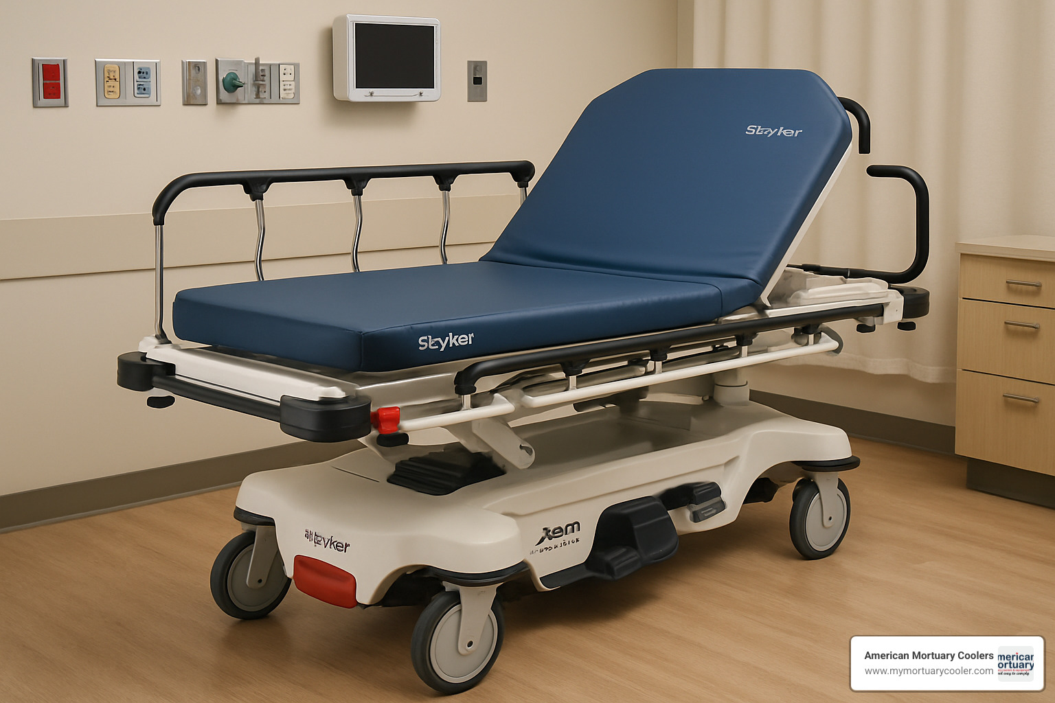 Stryker Prime Series stretcher showing the Zoom motorized drive system, StayPut retention features, and integrated storage compartments -  Top Choice for medical stretchers