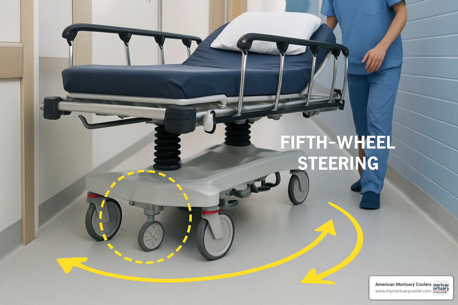 Medical stretcher with fifth-wheel steering system showing how the retractable wheel improves maneuverability in tight spaces -  Top Choice for medical stretchers