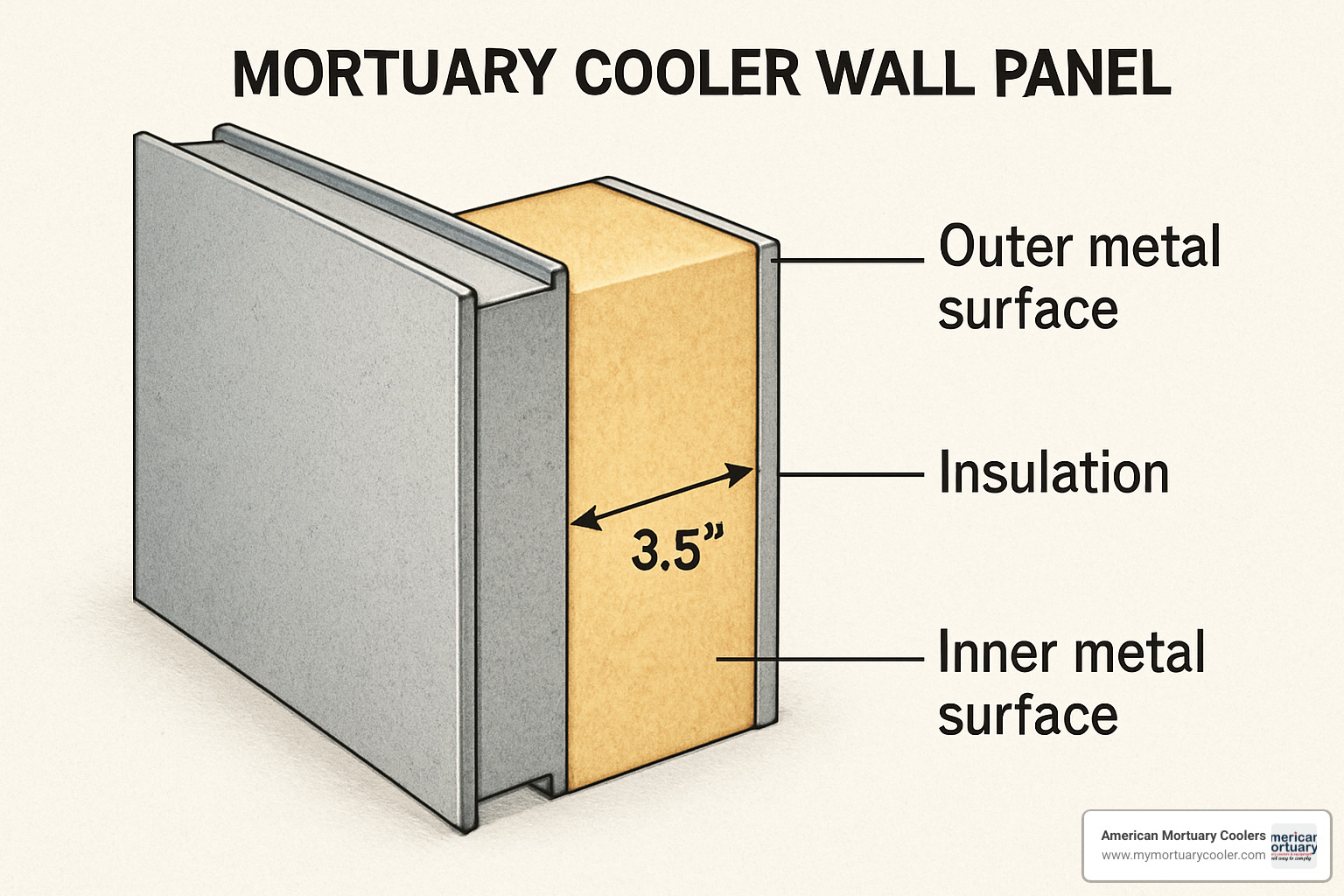 Panel cross-section showing 3.5-inch insulation layers - 10x15mortuarycooler.com durable top rated mortuary cooler
