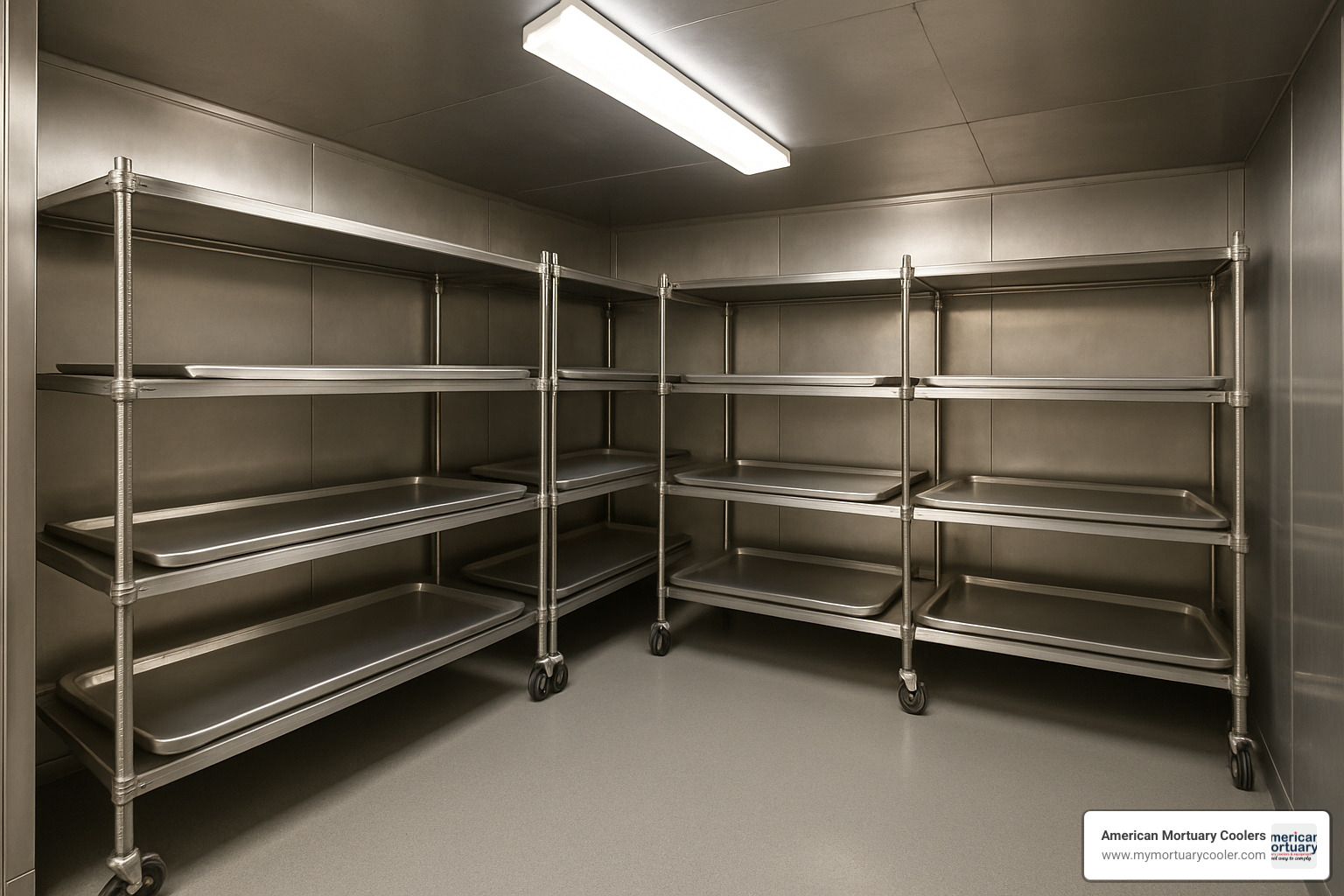 Adjustable shelving and rack options in mortuary cooler - 10x15mortuarycooler.com durable top rated mortuary cooler