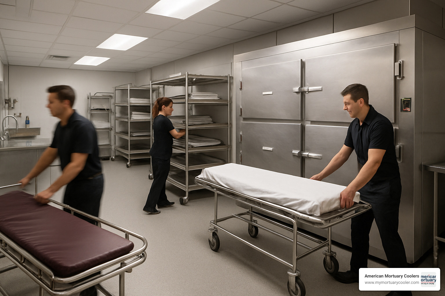 Mortuary cooler in busy preparation room showing workflow optimization - 10x15mortuarycooler.com durable top rated mortuary cooler