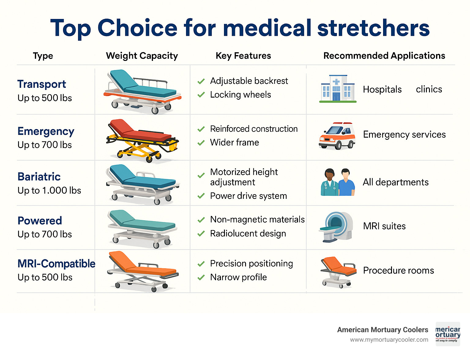 Comprehensive comparison of medical stretcher types including transport, emergency, bariatric, powered, MRI-compatible, and specialty procedure stretchers with weight capacities, key features, and recommended applications for different healthcare settings -  Top Choice for medical stretchers infographic 