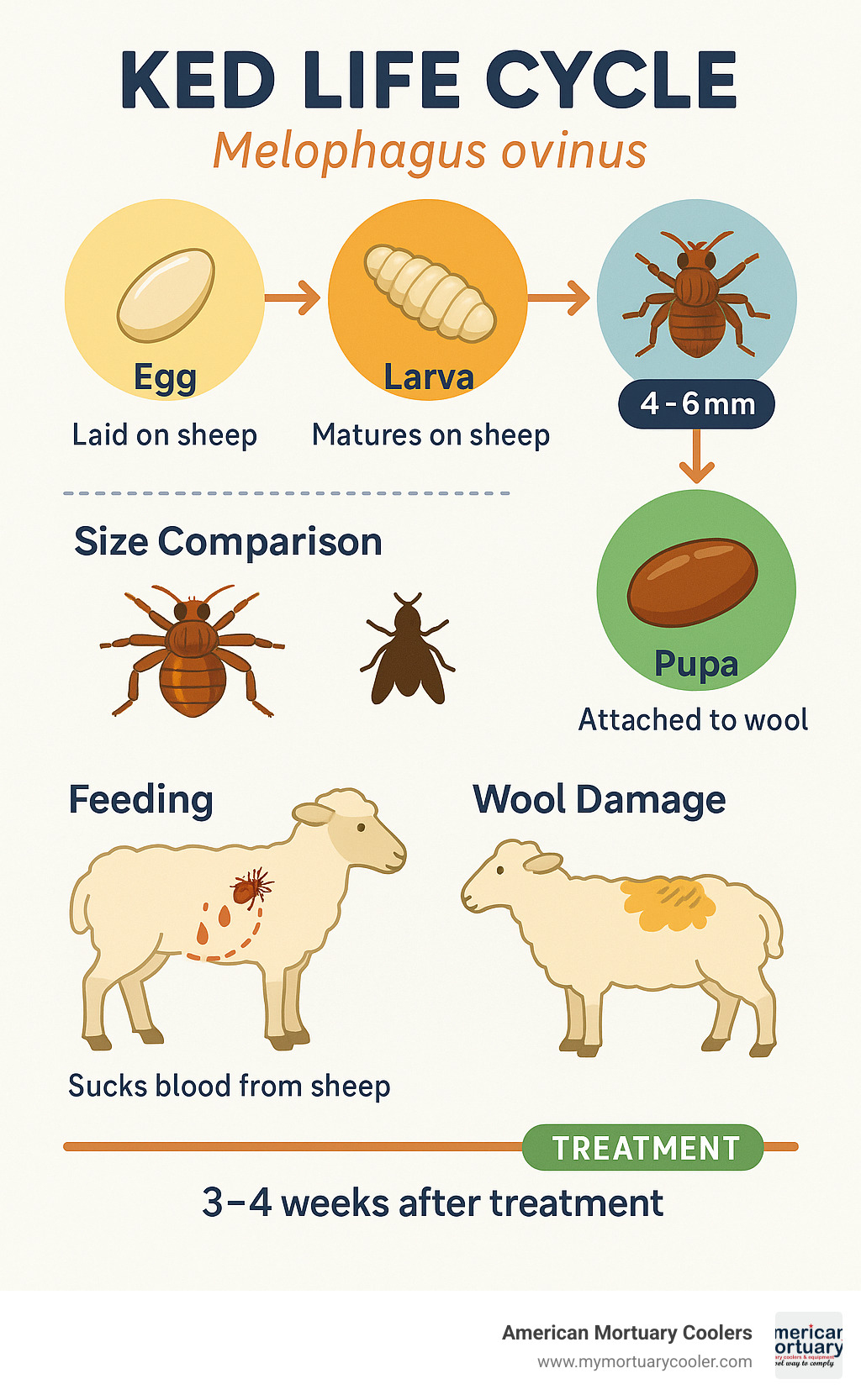 Detailed infographic showing ked life cycle from egg to adult, including size comparison, feeding behavior, and impact on sheep wool quality with treatment timeline - ked meaning infographic 
