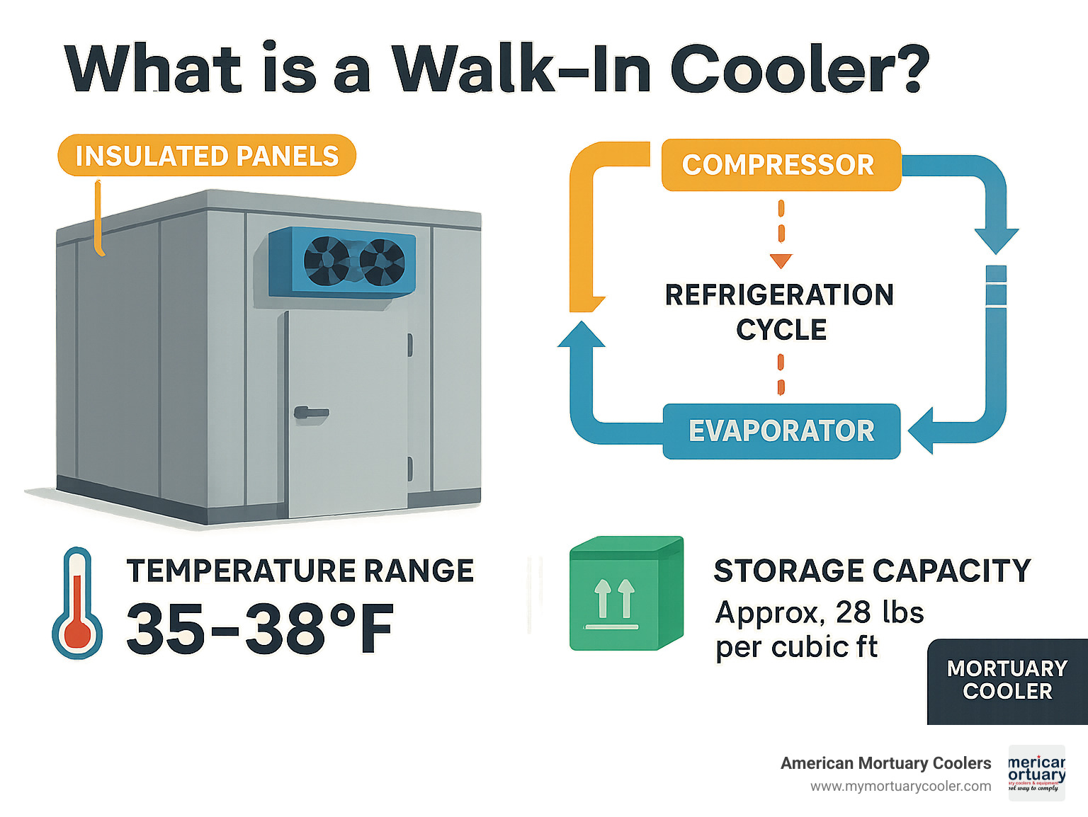 Walk-in cooler components and refrigeration cycle showing compressor, condenser, evaporator, and insulated panels with temperature ranges and storage capacity specifications - what is walk-in cooler infographic 