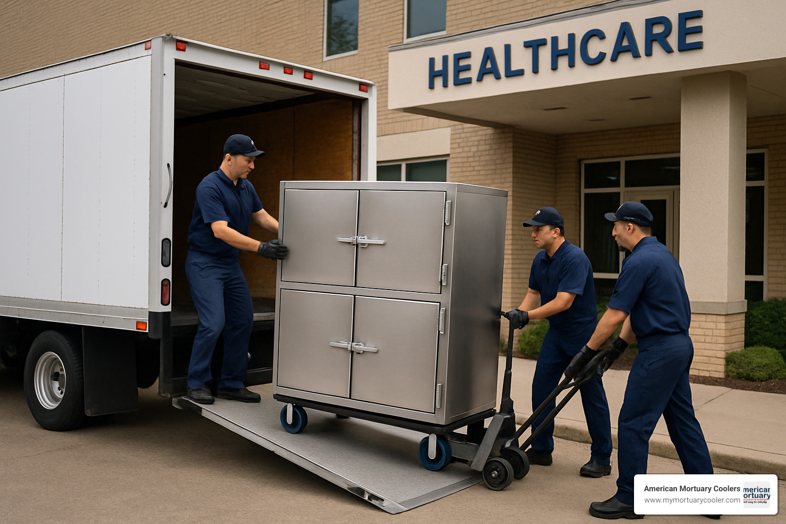 delivery truck unloading mortuary cooler with professional installation team - www.mobimortuarycooler.com American mortuary coolers
