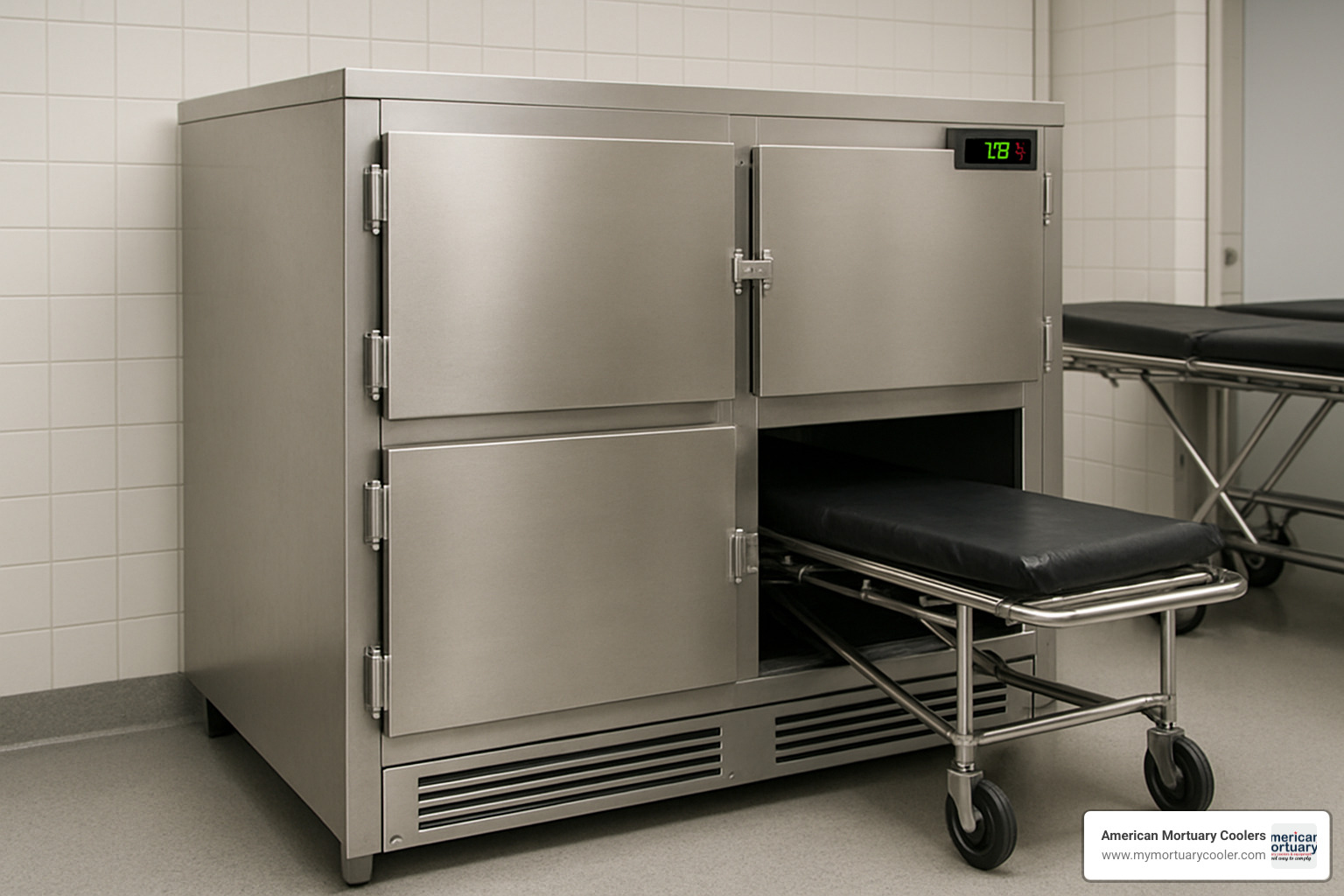 2-body mortuary cooler showing compact design with roll-in capability - www.mobimortuarycooler.com American mortuary coolers