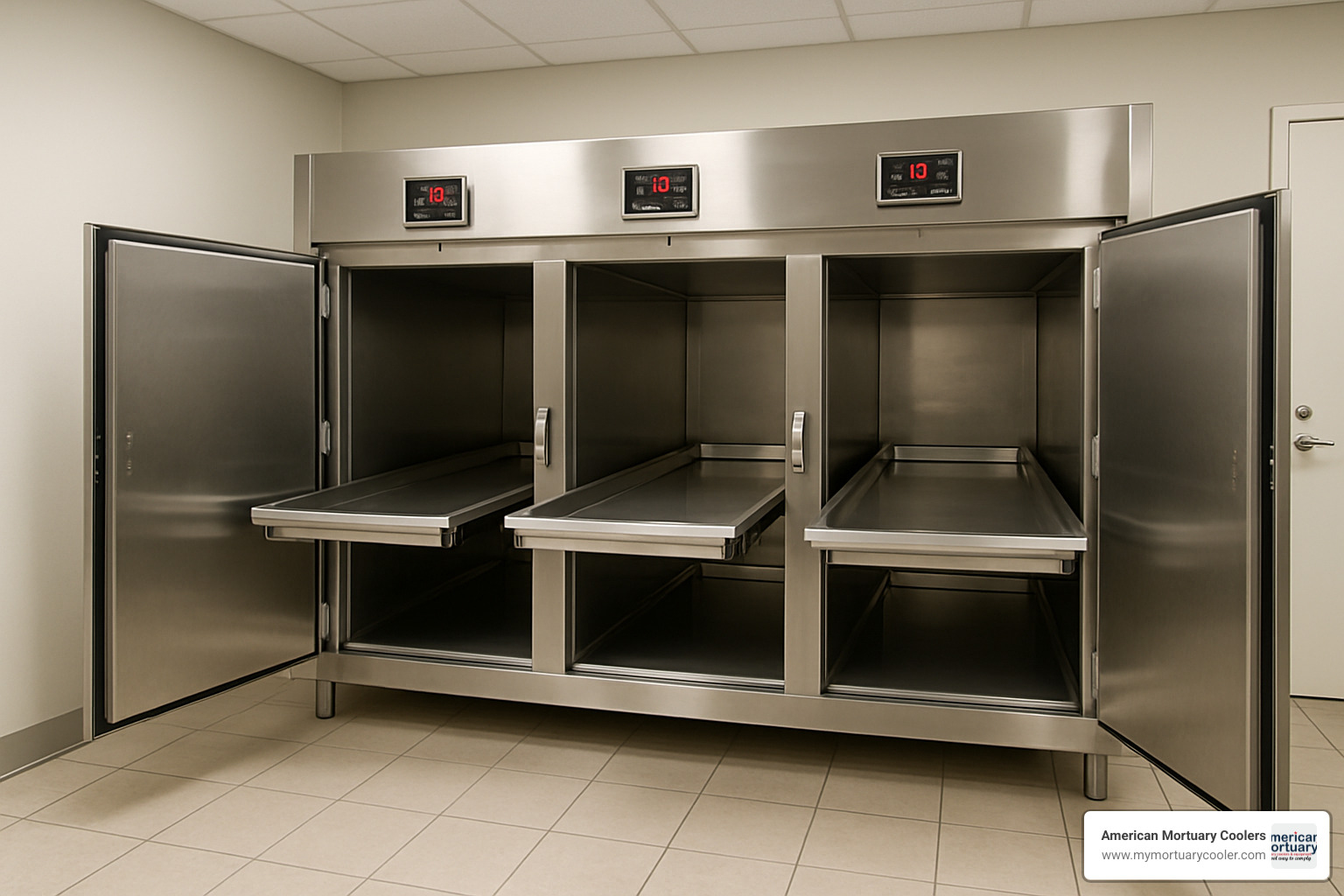 3-body extra-wide mortuary cooler with independent chamber controls - www.mobimortuarycooler.com American mortuary coolers
