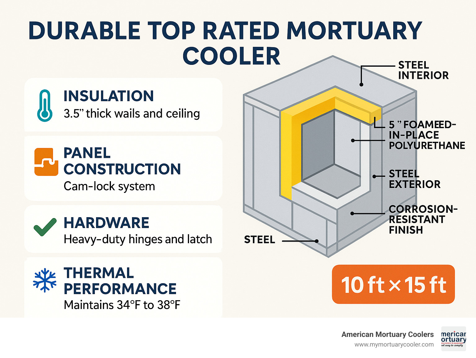 Detailed infographic illustrating the multiple durability layers of the 10x15 mortuary cooler, including insulation properties, panel construction, hardware specifications, and thermal performance ratings - 10x15mortuarycooler.com durable top rated mortuary cooler infographic 