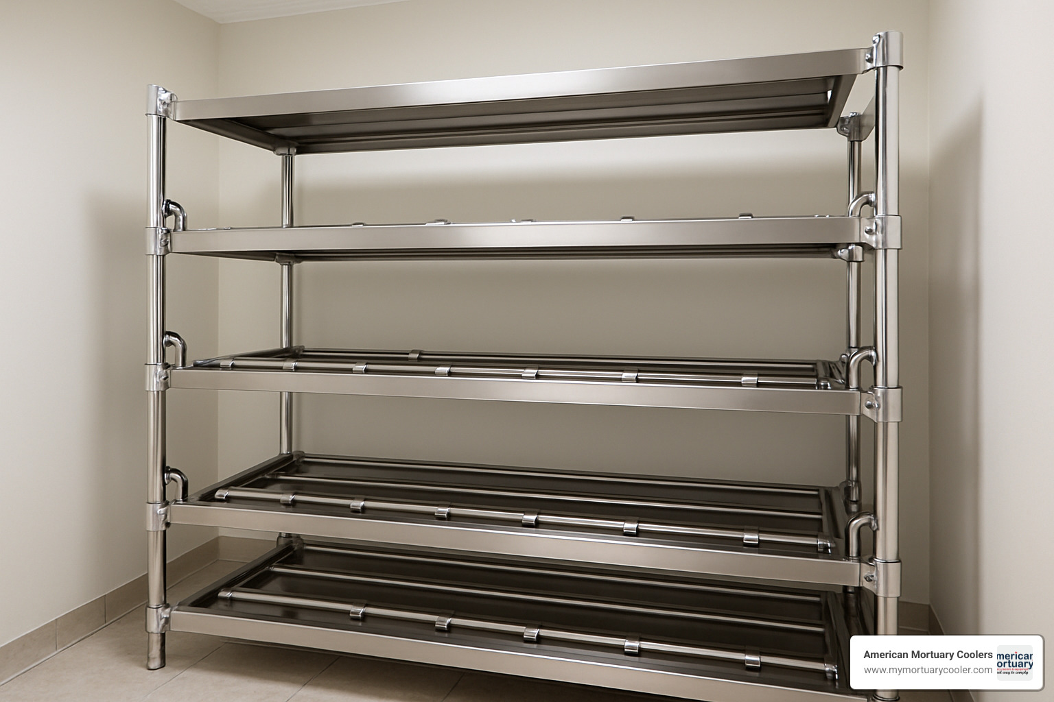 Interior view of 4-tier roller rack system showing body placement configuration and chrome-plated hardware - 4 body cooler for funeral home 