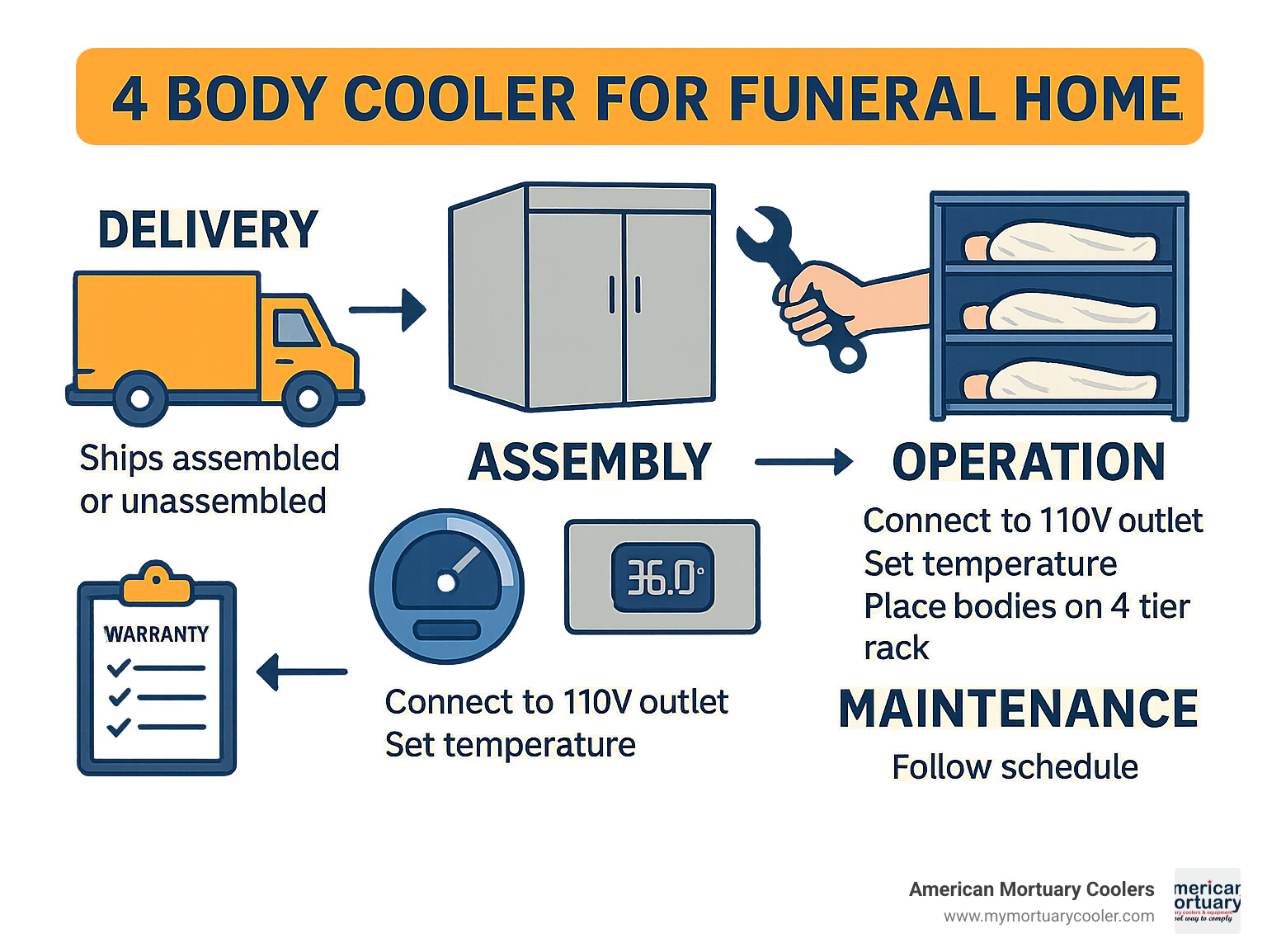 Infographic showing 4-body mortuary cooler workflow from delivery through daily operation, including assembly options, power connection to standard 110V outlet, temperature control settings, body placement on 4-tier rack system, and maintenance schedule with warranty coverage breakdown - 4 body cooler for funeral home  infographic 