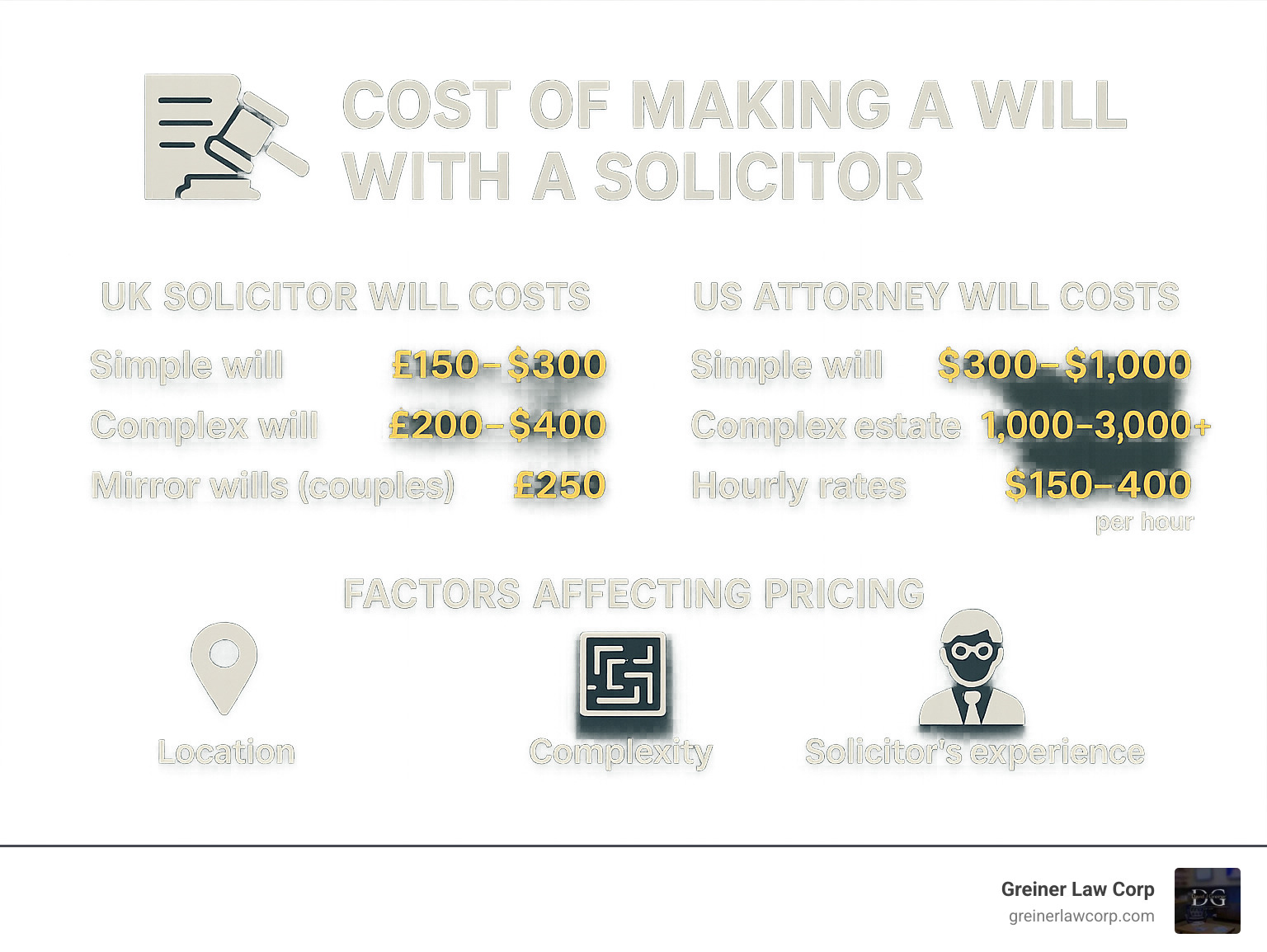 Infographic showing breakdown of UK vs US solicitor will costs, including simple will fees, complex estate costs, hourly rates, and factors affecting pricing such as location, complexity, and solicitor experience - cost of making a will with a solicitor infographic 