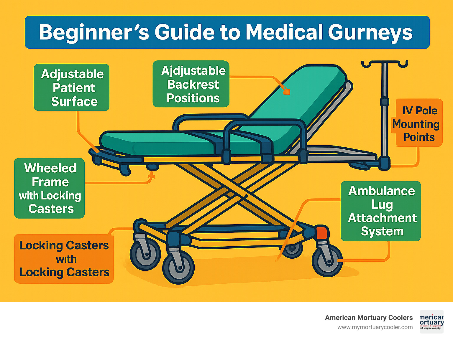 Comprehensive infographic showing gurney components including wheeled frame with locking casters, adjustable height mechanism, padded patient surface, side rails for safety, adjustable backrest positions, patient restraint straps, IV pole mounting points, and ambulance lug attachment system - gurneys medical infographic 
