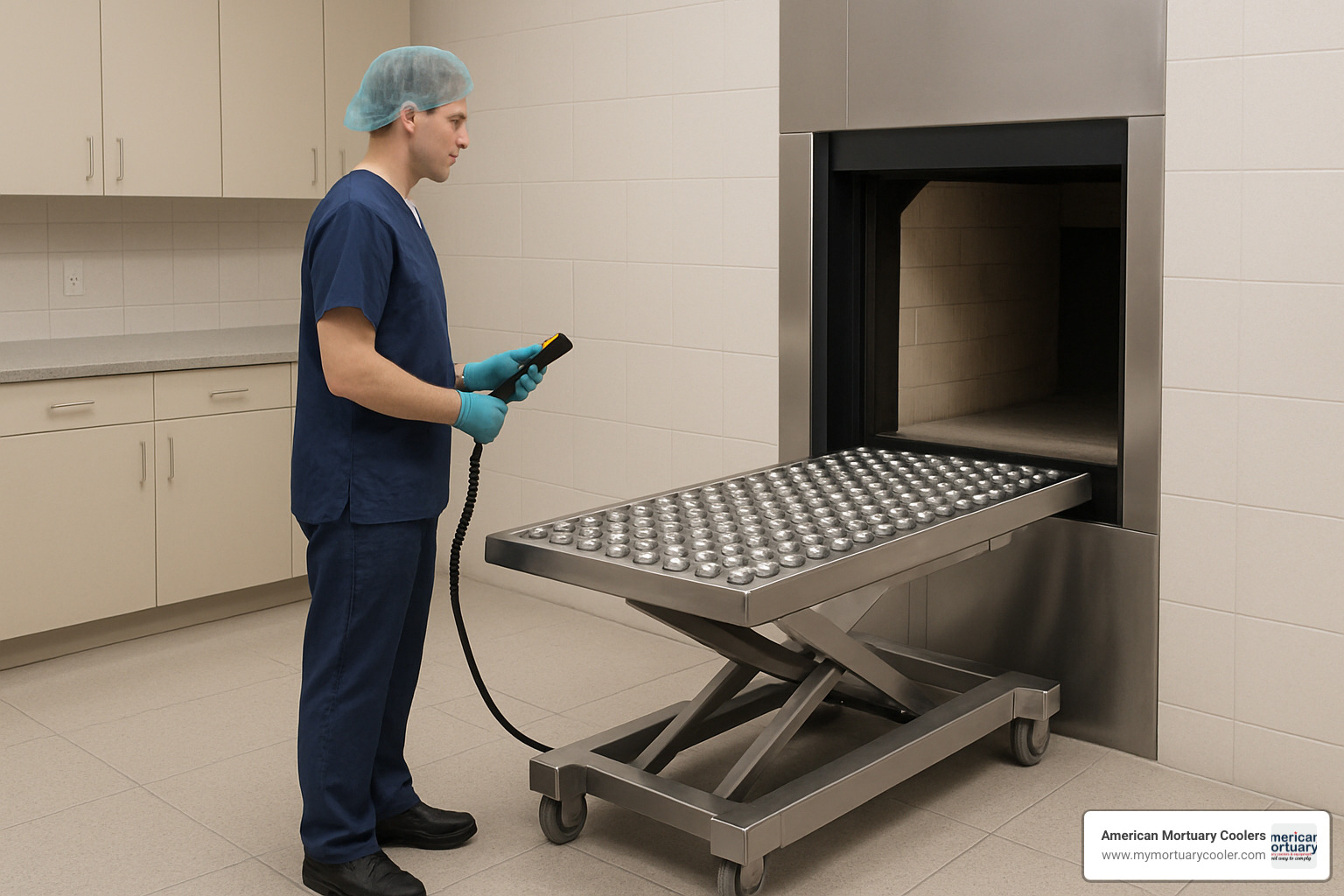 proper ergonomic posture when operating low profile crematory lift, showing operator standing upright with good posture while using remote control - mortuary-lift.com low profile crematory lift 