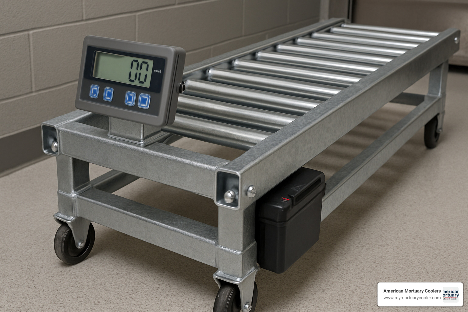 close-up view of low profile crematory lift specifications showing digital LCD scale, multi-directional rollers, and battery compartment - mortuary-lift.com low profile crematory lift 
