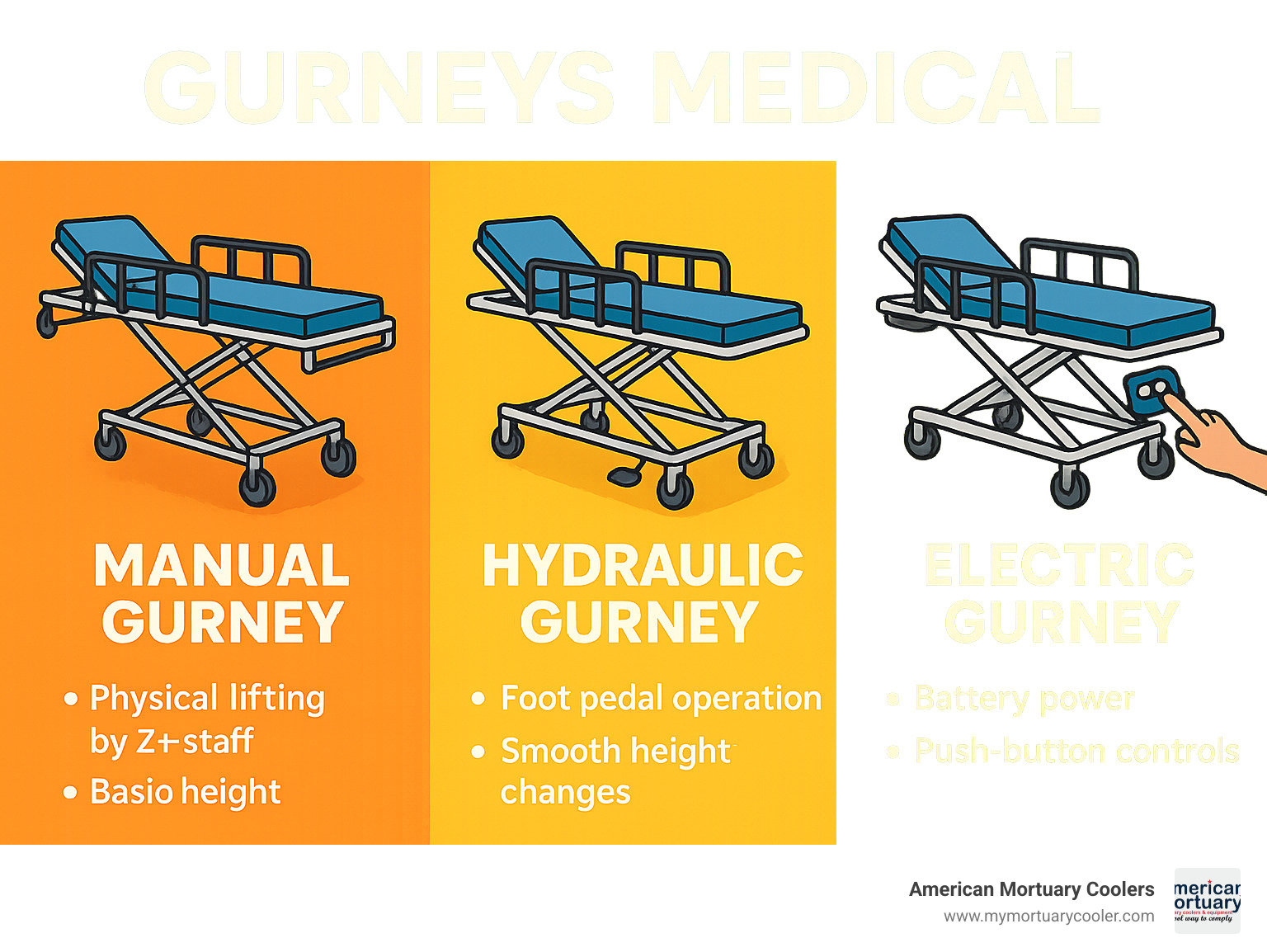 Comparison table showing manual gurneys requiring physical lifting by 2+ staff with basic height adjustment, hydraulic gurneys using foot pedal operation with smooth height changes, and electric gurneys featuring battery power with push-button controls and reduced caregiver strain - gurneys medical infographic 
