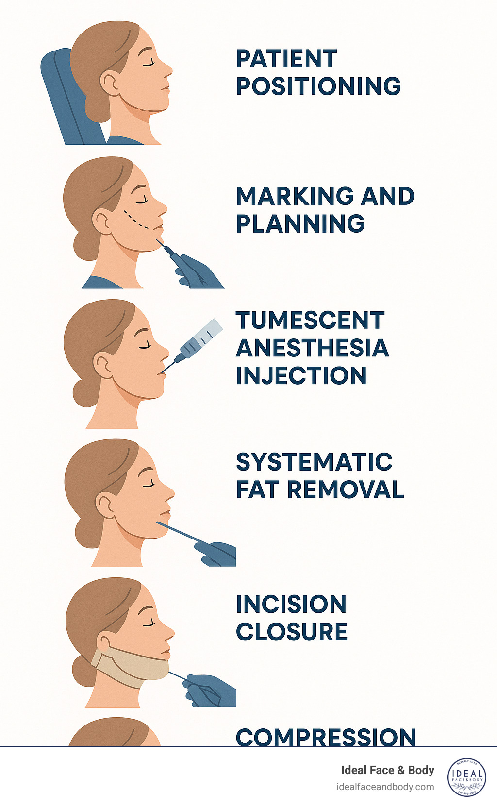 Infographic showing surgical flow: patient positioning, marking and planning, tumescent anesthesia injection, micro-cannula insertion through small incision, systematic fat removal in crisscross pattern, incision closure, and compression garment application - double chin liposuction infographic 