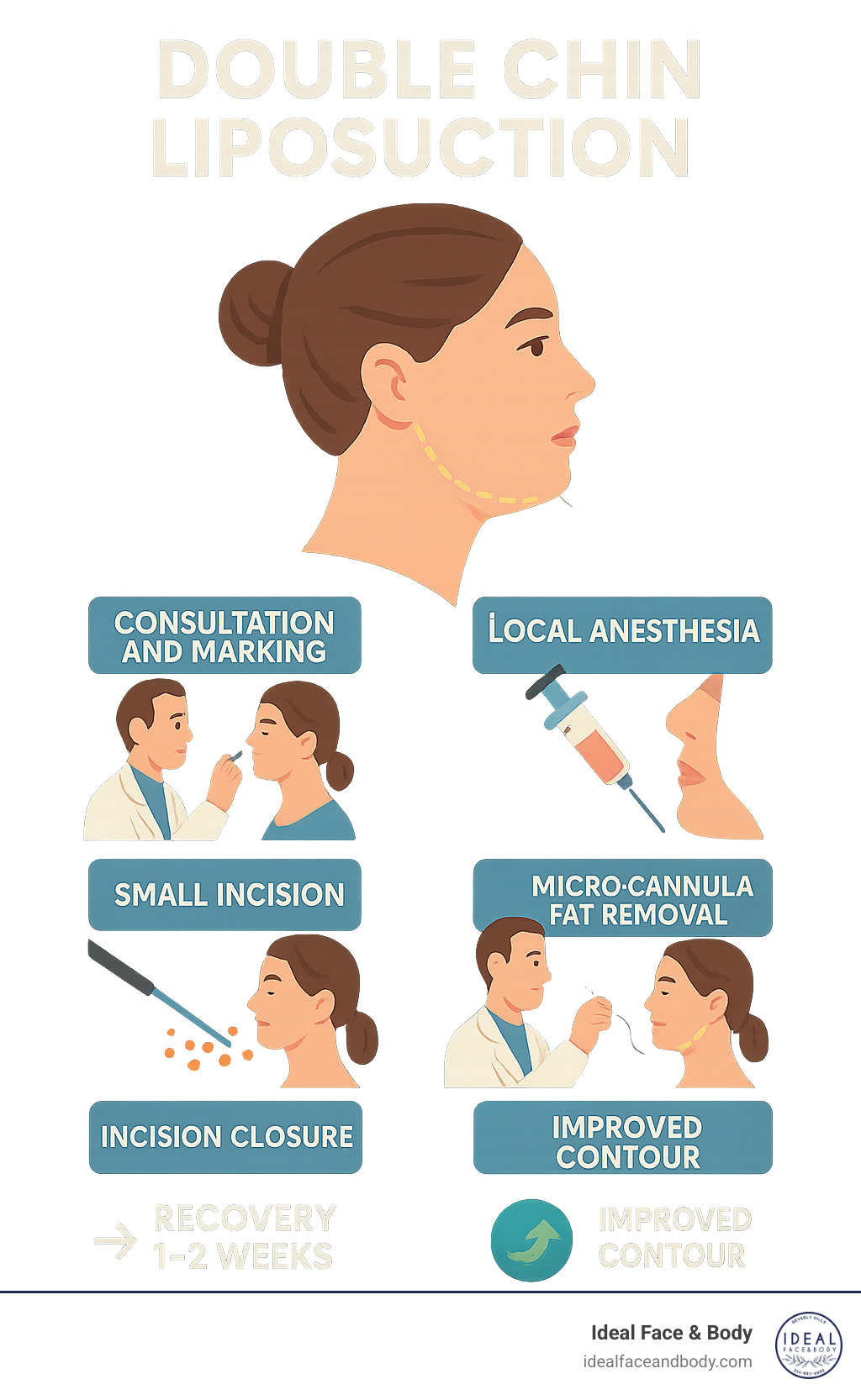 Infographic showing double chin liposuction procedure steps: consultation and marking, local anesthesia application, small incision placement, micro-cannula fat removal, incision closure, and compression garment application, with recovery timeline and expected results - double chin liposuction infographic 