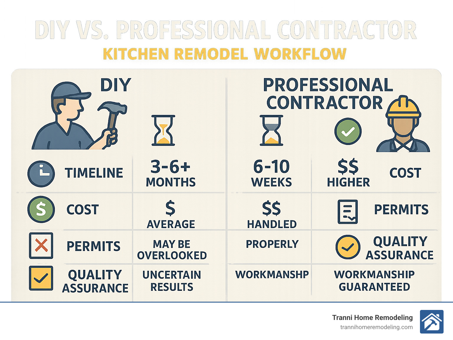 Infographic showing DIY vs Professional Contractor kitchen remodel workflow, including timeline comparison, cost breakdown, permit requirements, and quality assurance steps - why hire a contractor to remodel your kitchen infographic 