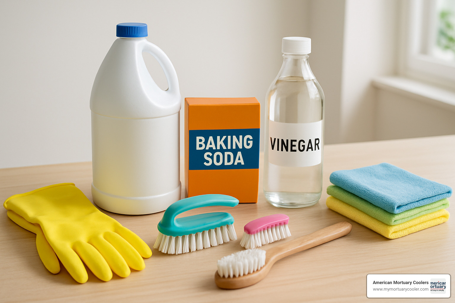 cleaning supplies laid out on table including gloves, bleach, baking soda, vinegar, brushes, and microfiber cloths - how to clean cooler