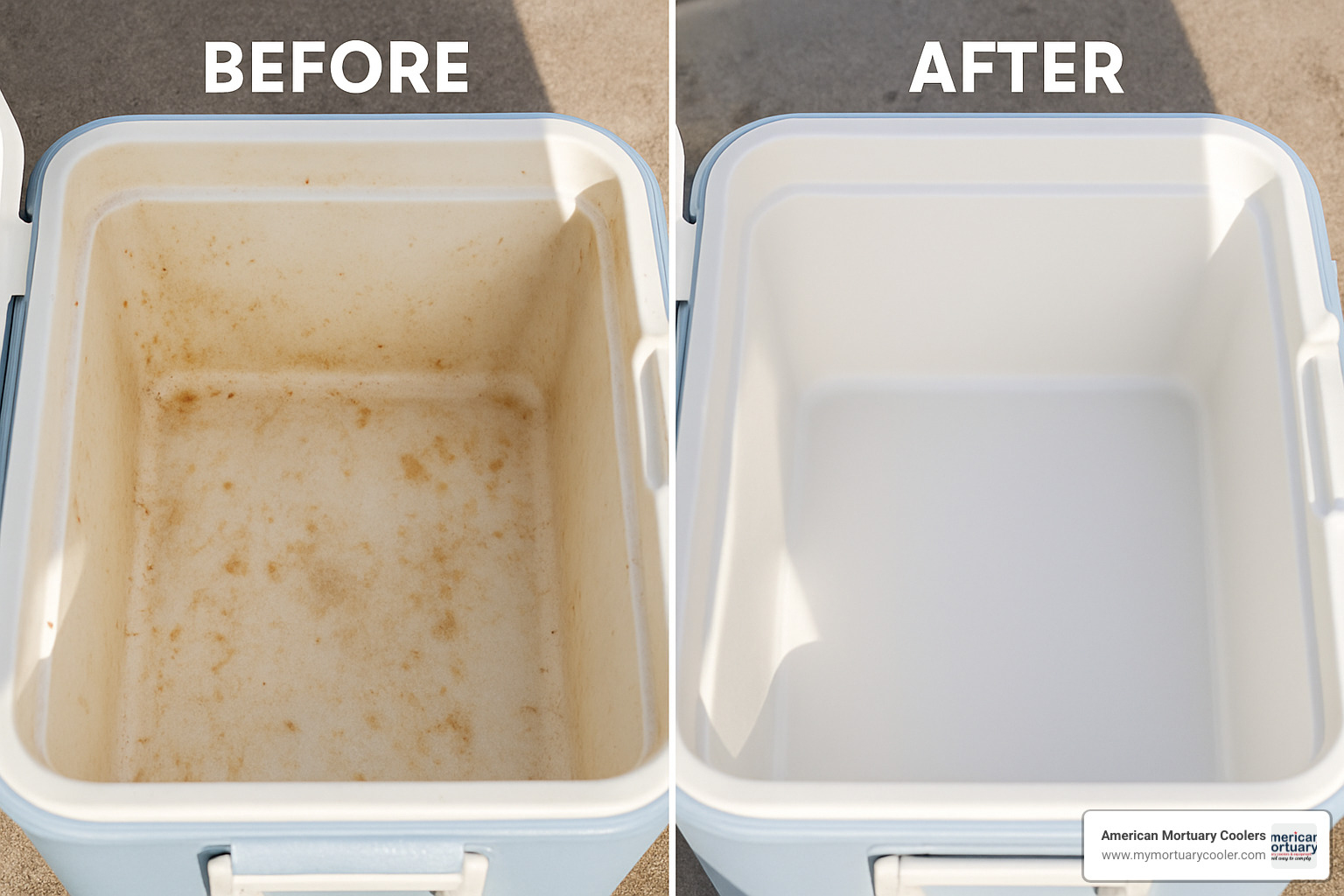 before and after photos showing stubborn stains being removed from cooler interior - how to clean cooler