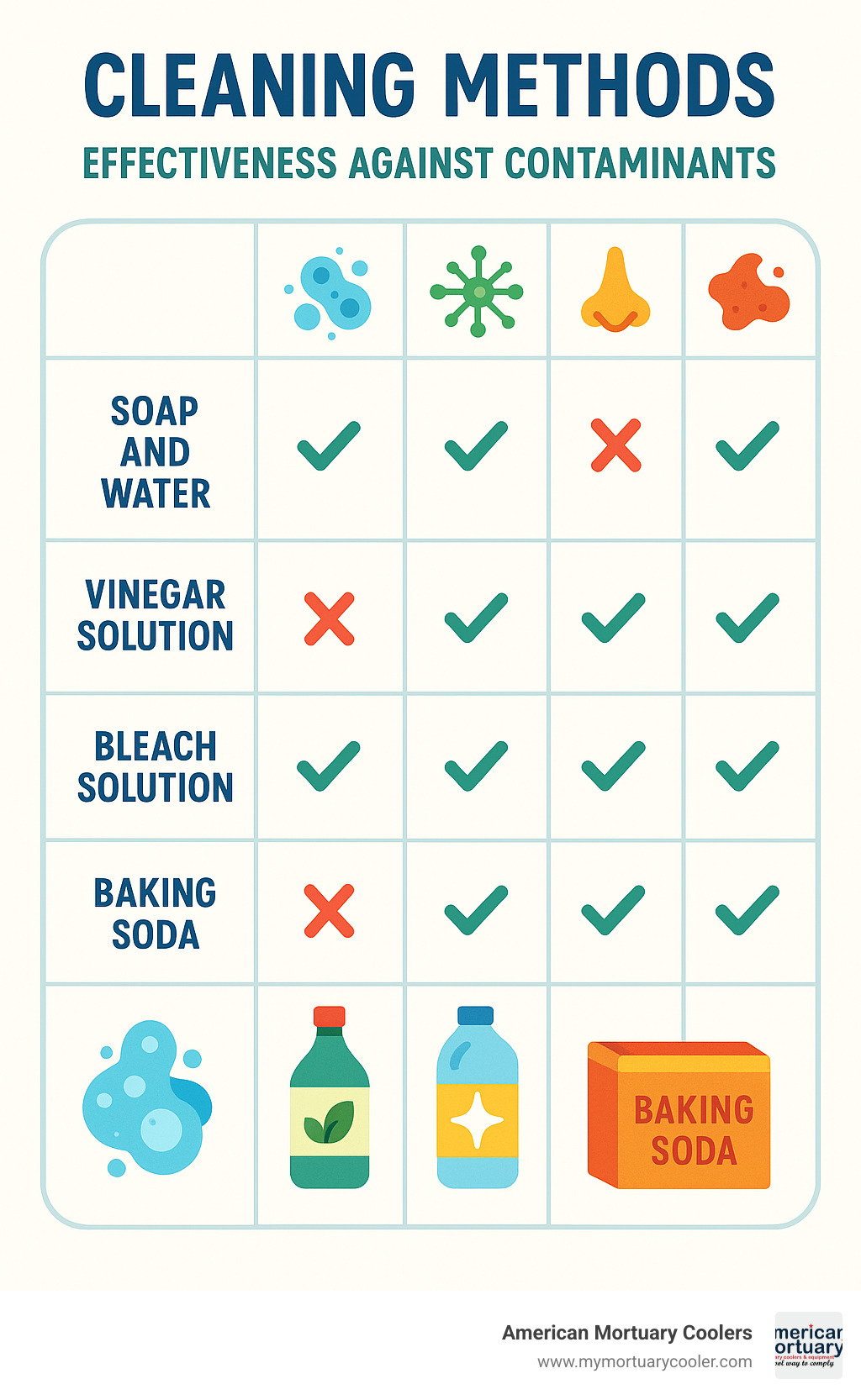 comparison chart showing cleaning effectiveness of different methods against various contaminants including bacteria, mold, odors, and stains - how to clean cooler infographic 