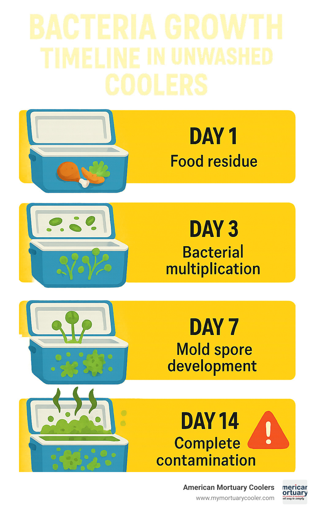 Infographic showing bacteria growth timeline in unwashed coolers, including day 1 food residue, day 3 bacterial multiplication, day 7 mold spore development, and day 14 complete contamination with accompanying odor levels and health risks - how to clean cooler infographic 
